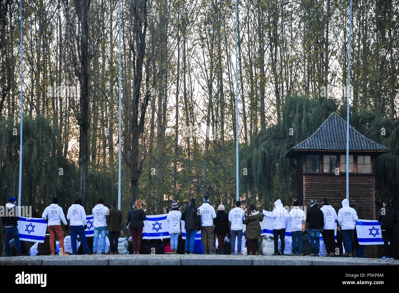 Ricordando i morti al Campo di Concentramento di Auschwitz-Birkenau. Un gruppo di persone con bandiere israeliane di tenere un memoriale di servizio per tutti i Fedeli Defunti Foto Stock