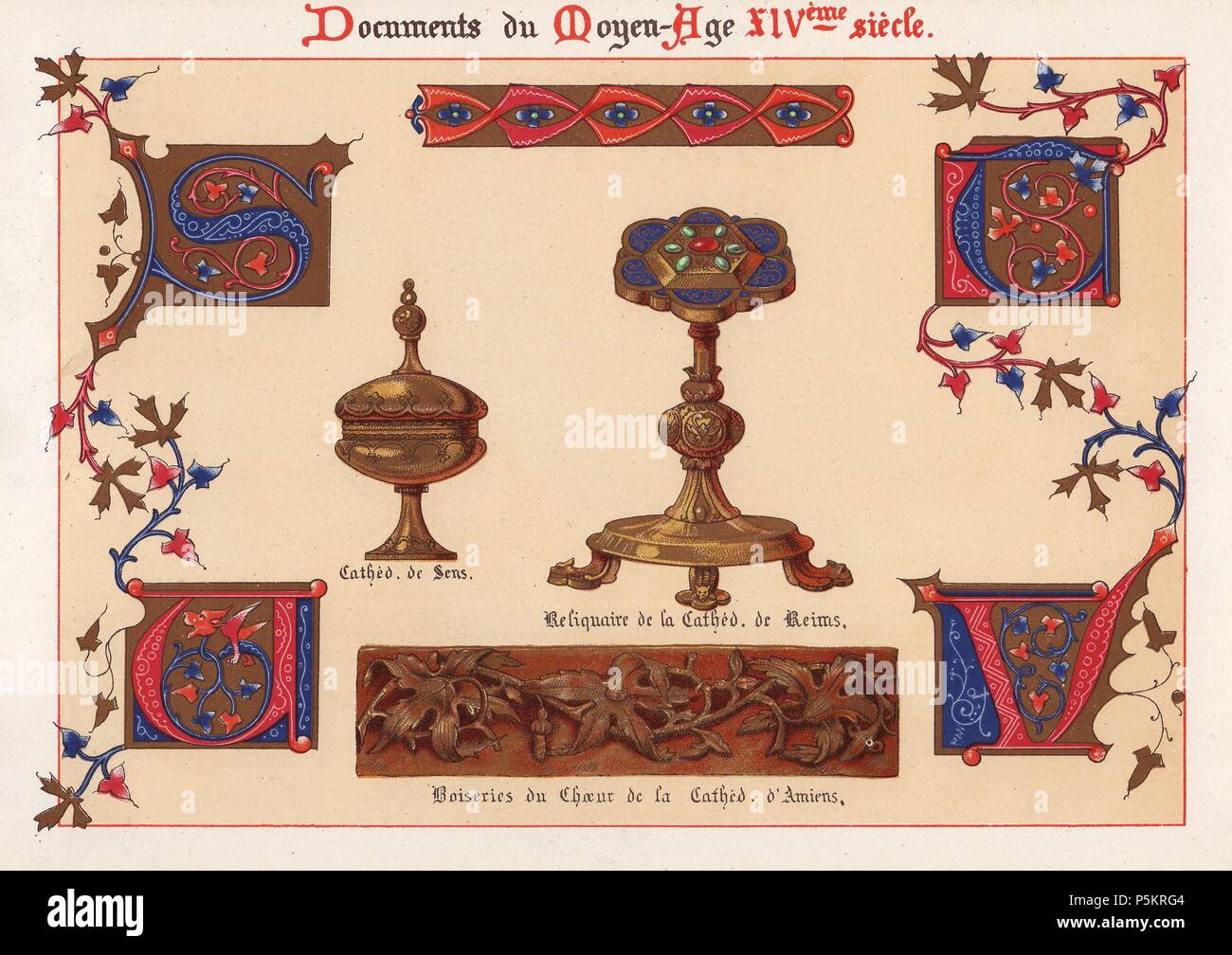Lettere di un alfabeto illuminato, un calice di oro dalla Cattedrale de Sens, un reliquiario d'oro dalla cattedrale di Reims e legno-incisioni dal coro della cattedrale d'Amiens.. . Ernest Guillot 'Ornementation des Manuscrits au Moyen-Age' (ornato da manoscritti del Medioevo. Xiv secolo), 1897, chromolithograph. Foto Stock