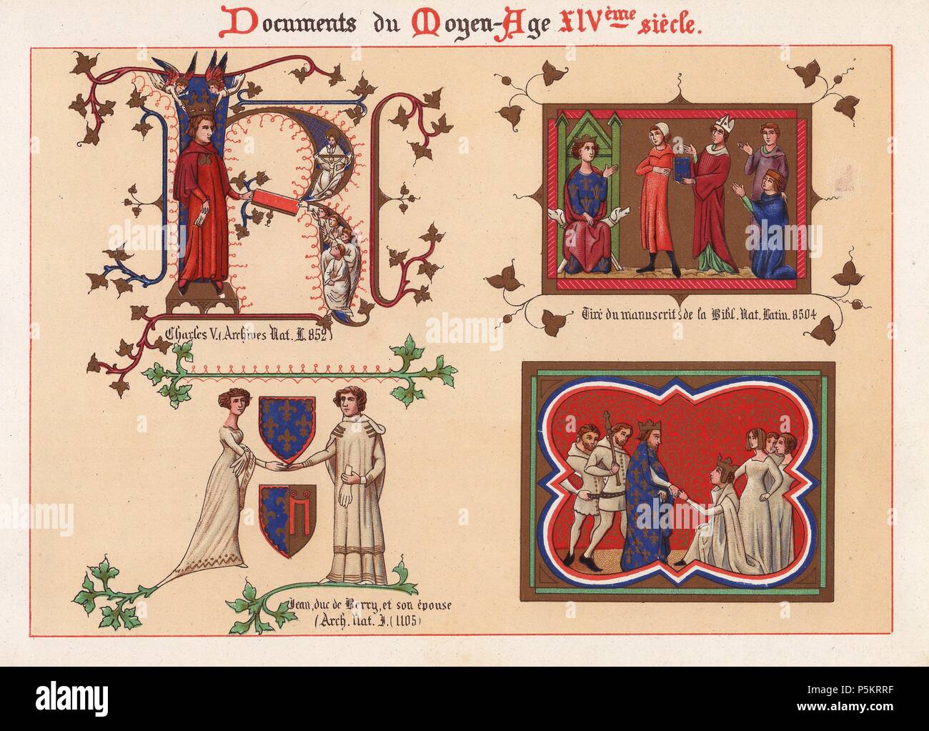 Carlo V ritratto in una accesa lettera (Archives Nationales 852), Jean, Duc de Barry e moglie e scudi araldici (Archives Nationales 1105), e dipinti presi da manoscritti in Bibliotheque Nationale latino, 8504.. . Ernest Guillot 'Ornementation des Manuscrits au Moyen-Age' (ornato da manoscritti del Medioevo, XIV secolo), 1897, chromolithograph. Foto Stock