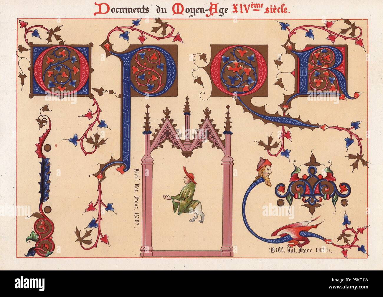 Lettere di un alfabeto illuminato, l'uomo con le gambe di un leone, un drago con un uomo di testa, ecc., da manoscritti in Bibliotheque Nationale de France, 15397, 13091. . Ernest Guillot 'Ornementation des Manuscrits au Moyen-Age' (ornato da manoscritti del Medioevo) 1897, chromolithograph. Foto Stock