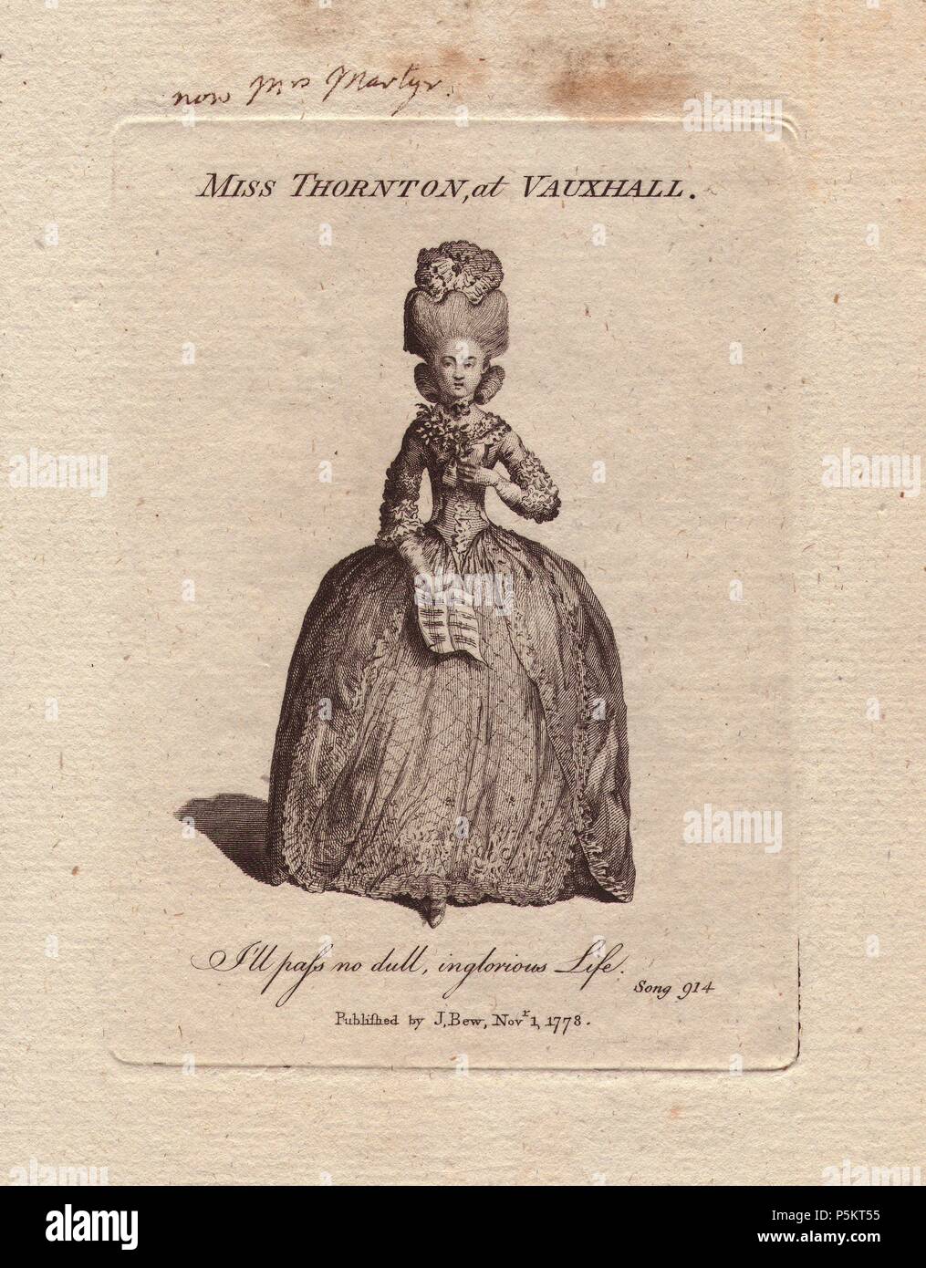 Margaret martire, nee Thornton, alla Vauxhall nel 1788.. . Sotto il suo nome da nubile Miss Thornton ha fatto il suo debutto in palcoscenico di musica alla Vauxhall Gardens, uno dei non Londo più popolari luoghi di intrattenimento, prima di passare al giardino di Covent in 1779. Lei è stato un famoso attore comico in opere liriche, pantomime, entr'actes per 25 anni. Morì nel 1807. . Unsigned incisione su rame da "Vocal Magazine' pubblicato da J. Bew 1778. Foto Stock