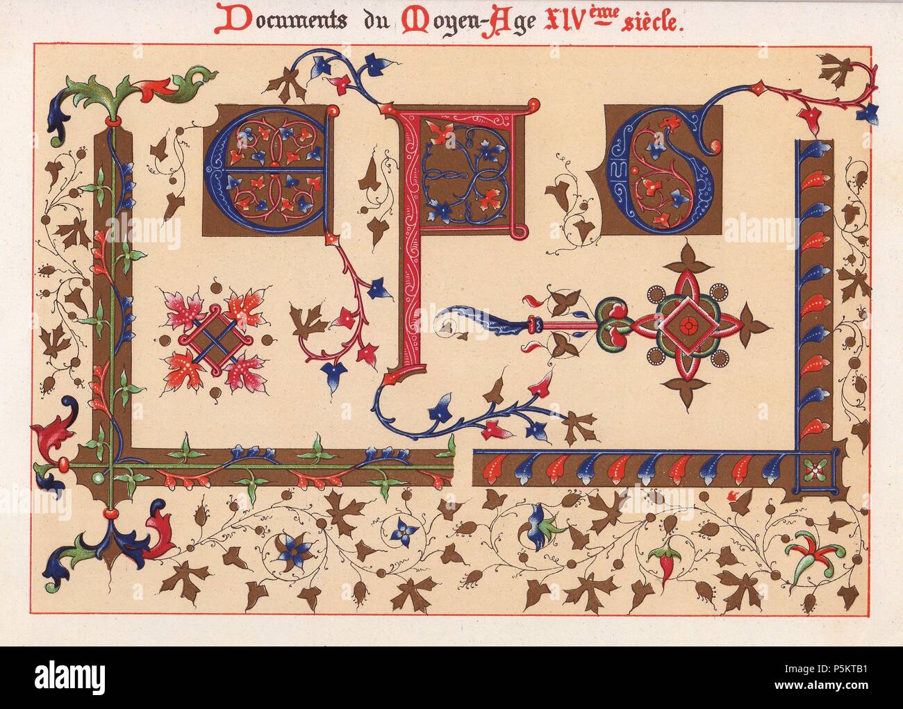 Lettere di un alfabeto illuminato dalla Bibbia di Re Giovanni.. . Ernest Guillot 'Ornementation des Manuscrits au Moyen-Age' (ornato da manoscritti del Medioevo) 1897, chromolithograph. Foto Stock