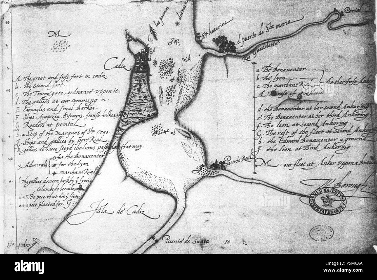 N/A. Plano de Francis Drake en el ataque de Cádiz, en 1587. 1587. Sconosciuto 144 AtaqueDrakes Foto Stock