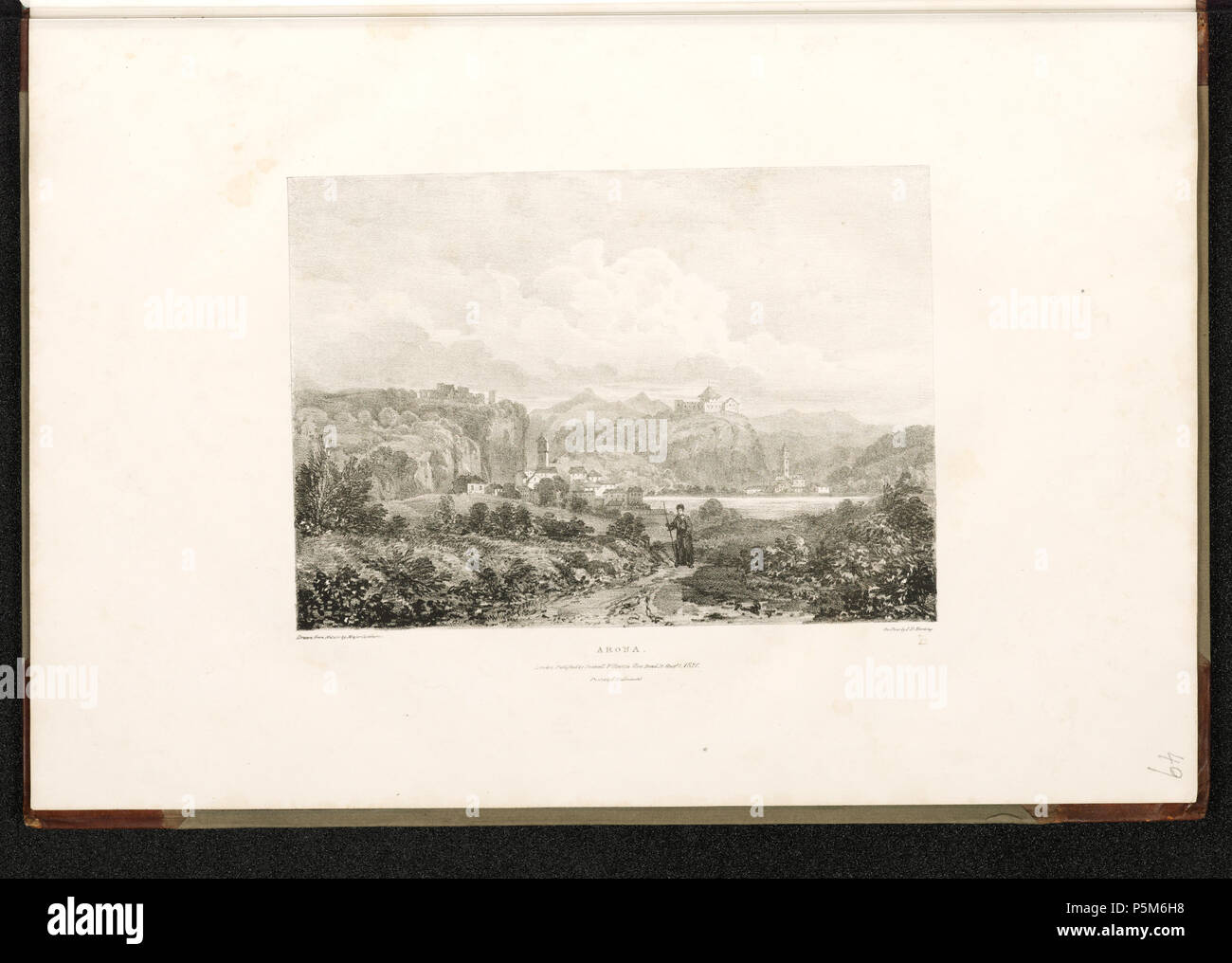 Stampe e Disegni dipartimento . Arona; viste che illustrano il percorso del Simplon; [fronte in basso a sinistra]: prelevate dalla natura da importanti Cockburn: [in basso a destra]: su pietra da I.D. Harding. [In basso al centro]: Arona. / Londra. Pubblicato da Rodwell & Martin nuova Bond St. Augt. 1. 1821. / Stampati da C. Hullmandel.[fronte in basso a destra a matita]: 49[fronte in basso a destra timbro a secco]: B; Arona, vista generale dal sud. Ecclesiastico; Lago Maggiore; Rocca Borromea di Arona; la Rocca di Angera . 1,821° secolo. Cockburn, James Pattison [pittore/disegnatore] Harding, James Duffie Foto Stock