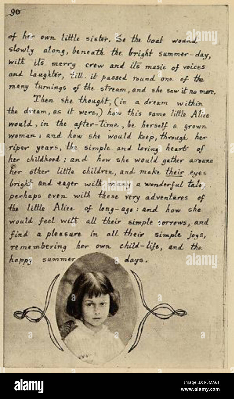 N/A. Dernière page du manuscrit illustré des Aventures d'Alice au pays des Merveilles destiné à Alice Liddell (f.46v/p.90) . 1864. Lewis Carroll (1832-1898) nomi alternativi Charles Lutwidge Dodgson Descrizione British-English scrittore, matematico e fotografo Data di nascita e morte 27 Gennaio 1832 14 gennaio 1898 Luogo di nascita e morte Daresbury, Cheshire, Inghilterra Guildford, Surrey, Inghilterra periodo di lavoro 1854 al 1898 sede di lavoro Inghilterra competente controllo : Q38082 VIAF:66462036 ISNI:0000 0001 2137 136X ULAN:500027372 LCCN:N79056546 NLA:35039311 WorldCat 85 Alice's Adventure Foto Stock