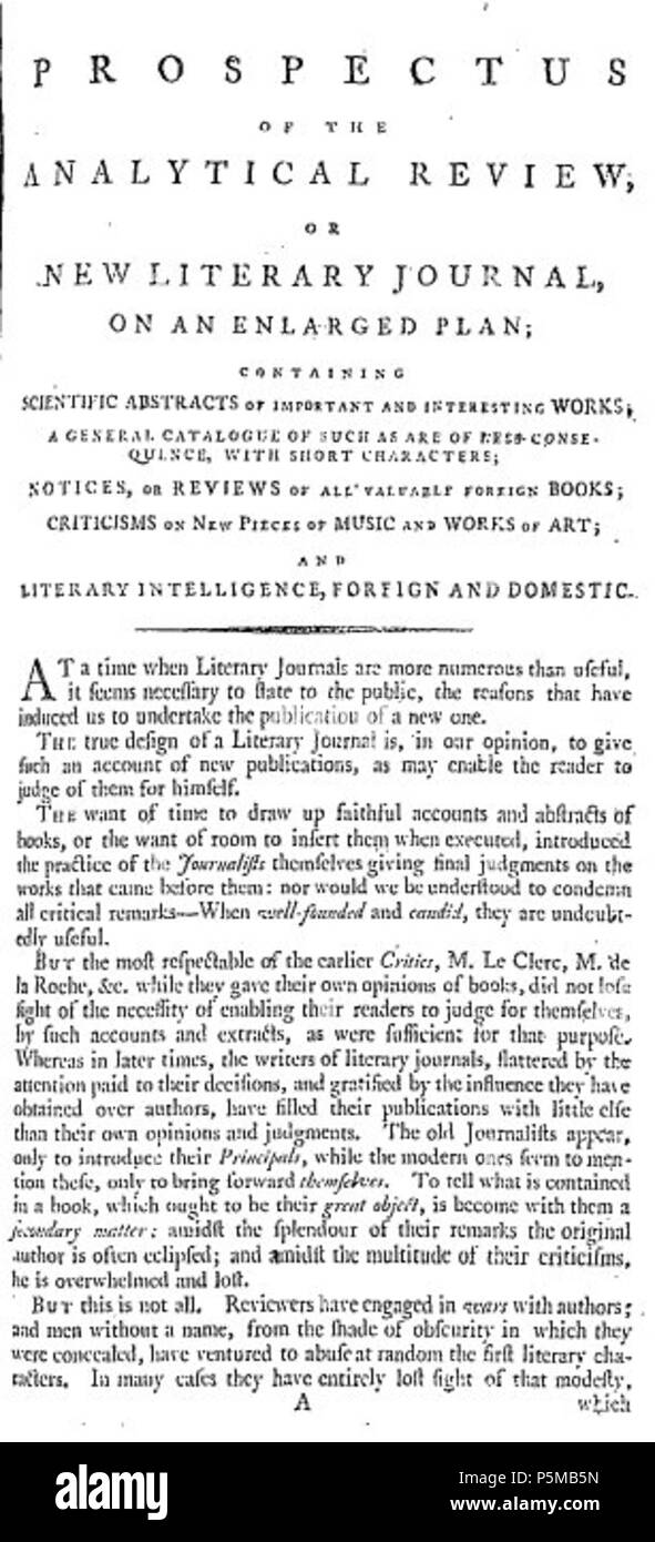 N/A. Prospetto per l'en:riesame analitico . 1788. Joseph Johnson (1738-1809) 97 AnalyticalReviewProspectus Foto Stock