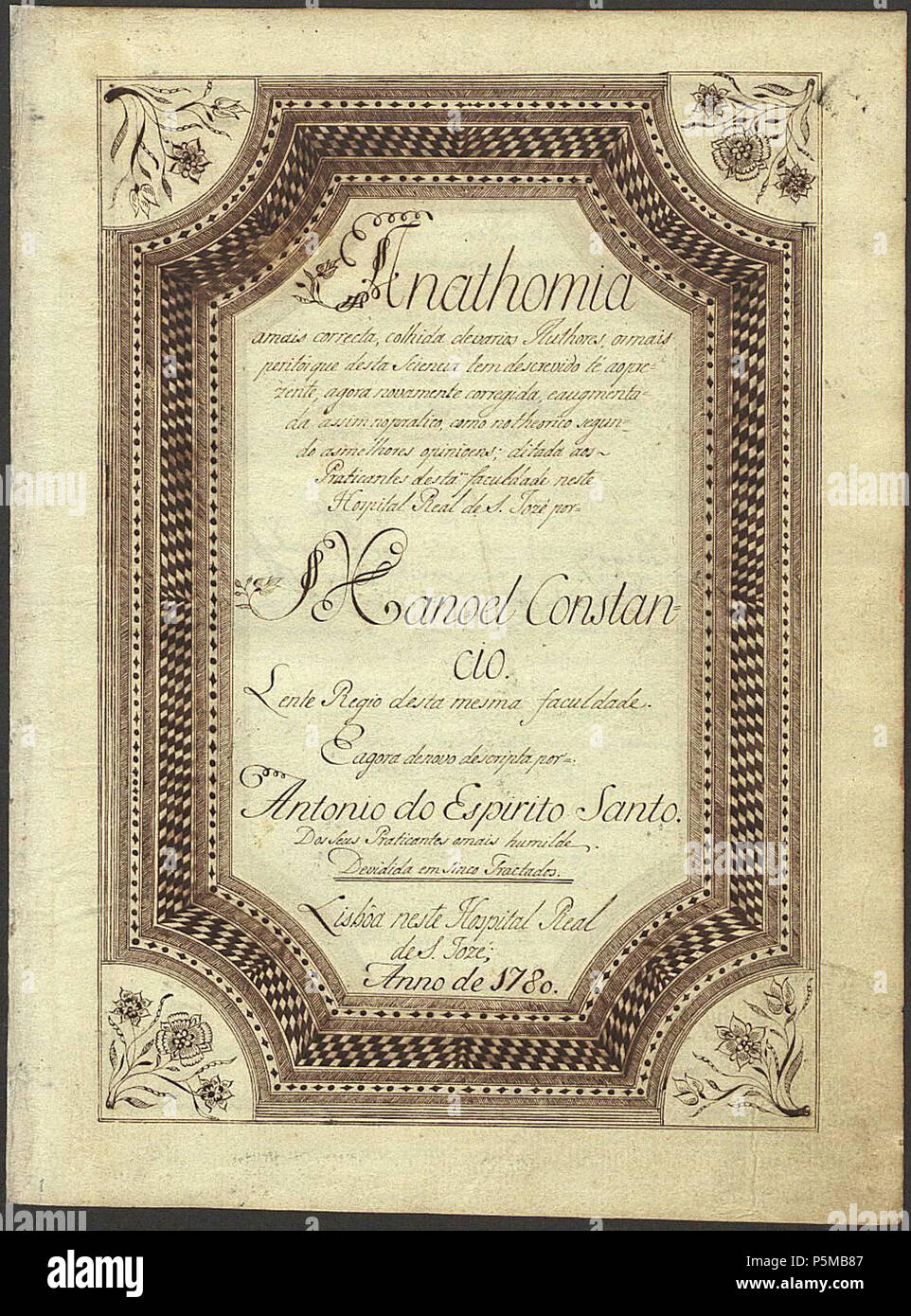 N/A. Português: Folha de rosto da obra Anathomia, un Mais Correcta. 1780. Manuel Constâncio (1725-1817) 97 Anathomia, un Mais Correcta - Folha de rosto Foto Stock