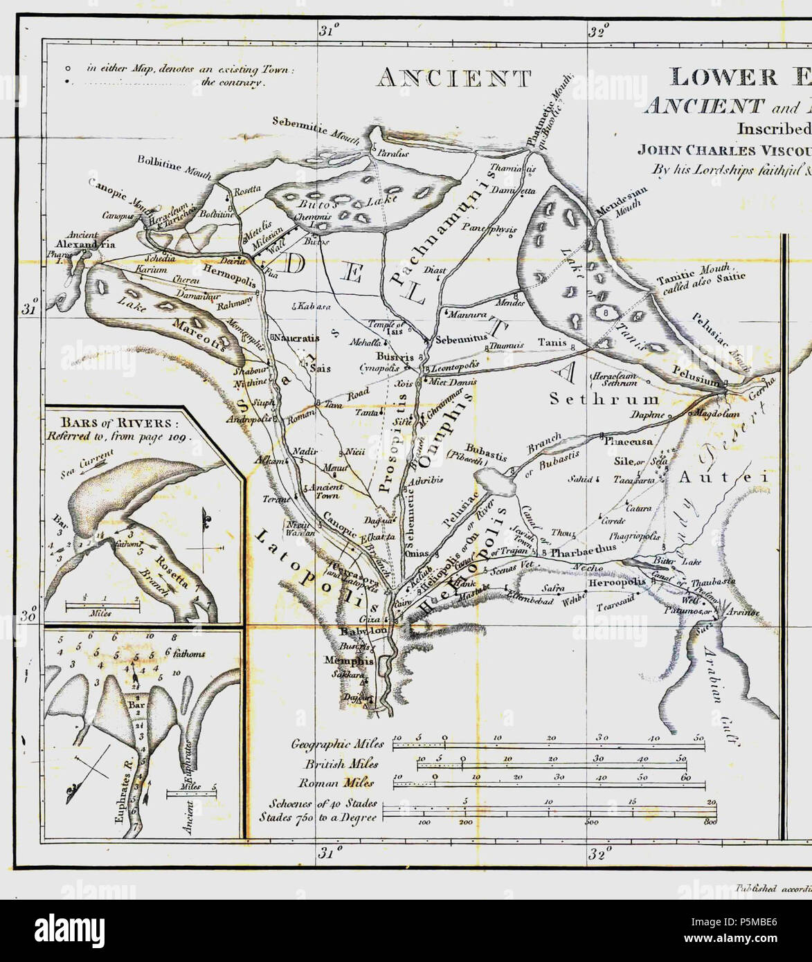 N/A. Inglese: Mappa di antico Egitto creato da James Rennell come un inserto per il suo libro "Il sistema geografico di Erodoto ha esaminato e spiegato" (pubblicata 1800 e 1830). Questa mappa mostra Rennell la comprensione della geografia dell'Egitto del delta del Nilo durante il greco classico periodo (510 A.C. - 323 a.C.) basato sugli scritti di Erodoto (484 A.C. - 425 a.C.). 1800. Carl Drews scandito la mappa e migliorato il contrasto dei colori. 98 AncientEgyptJamesRennell01 Foto Stock