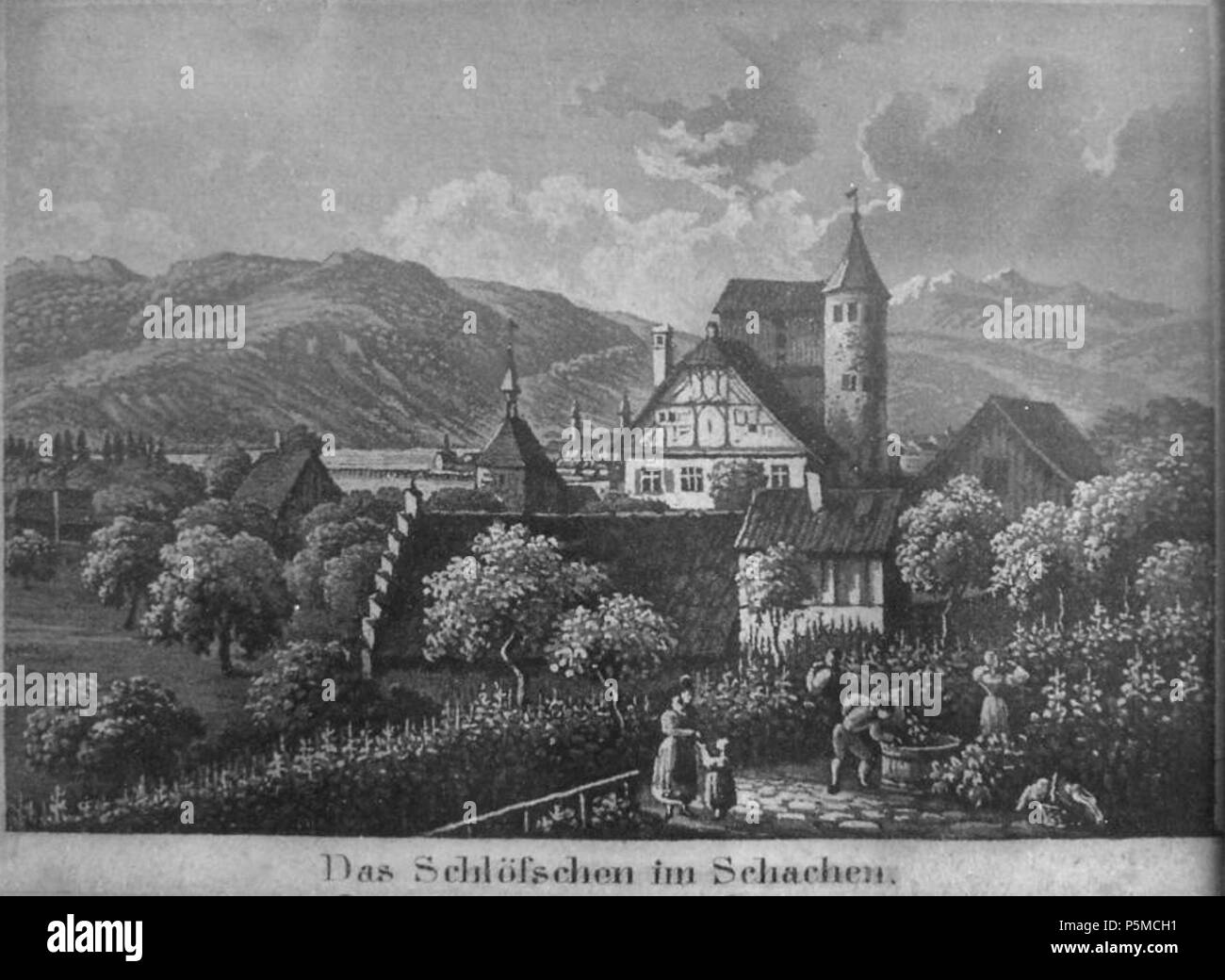 N/A. Deutsch: Lindau, 'Dcome Schlößchen im Schachen". Randbild aus 'Ansicht der Stadt Lindau, deren inneren Theile und Umgebungen', Aquatintaradierung bei J. B. Isenring, San Gallo um 1840, ca. 8 x 10,7 cm . circa 1840. Johann Baptist Isenring (1796-1860) nomi alternativi Johann Baptiste Descrizione Isenring pittore svizzero, litografo e fotografo, Data di nascita e morte 12 Maggio 1796 9 aprile 1860 Luogo di nascita e morte Lütisburg San Gallo periodo di lavoro 1820-1860 sede di lavoro San Gallo; Stoccarda; Tübingen competente controllo : Q118407 VIAF:18020240 ISNI:0000 0001 2277 0872 ULAN:5 Foto Stock