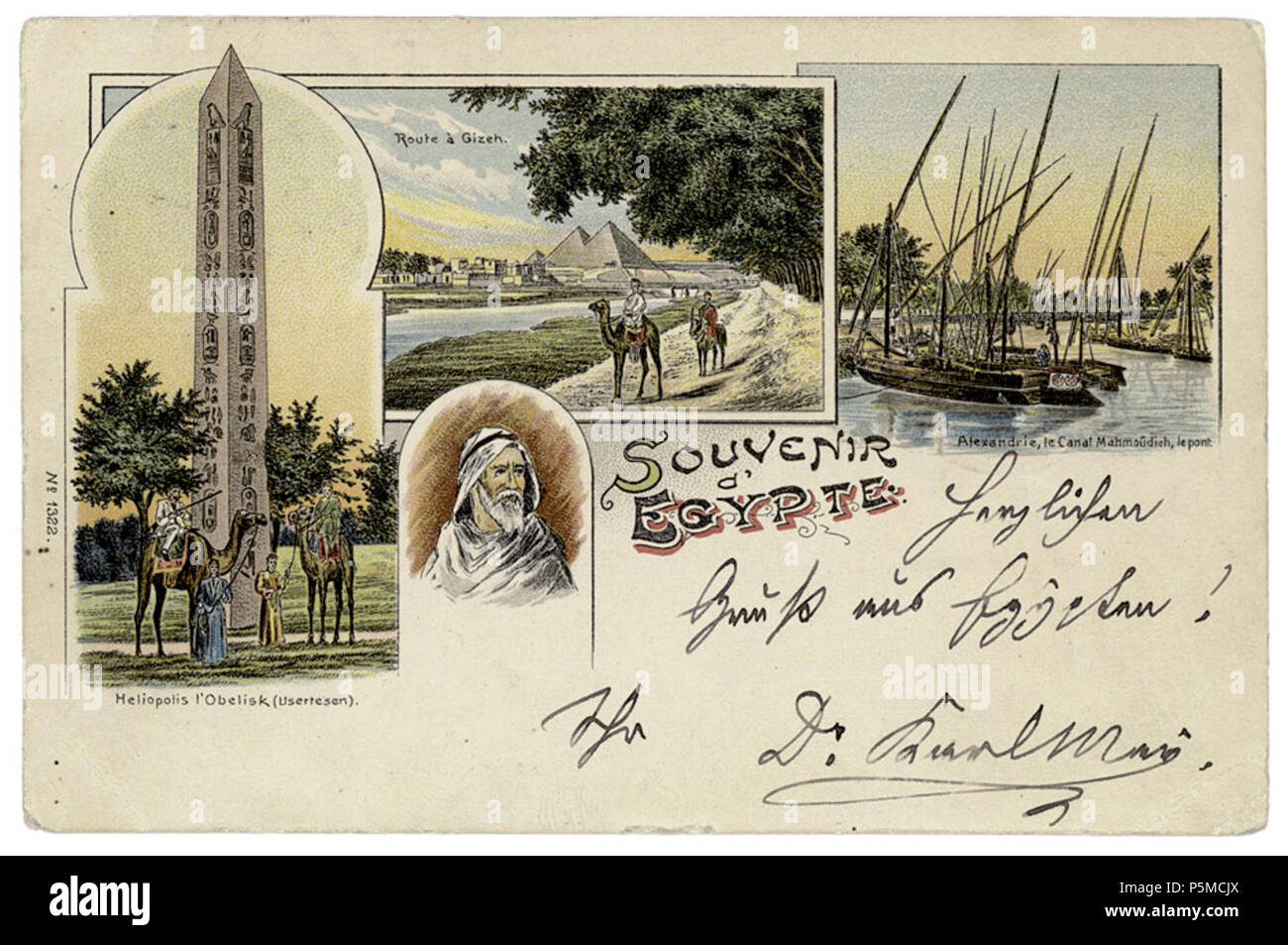 N/A. Deutsch: Ansichtskarte Souvenir d'Egypte, "Heliopolis l'Obelisco (Usertesen), Route à Gizeh, Alexandrie, le Canal Mahmoûdieh, le pont' Versandt von Karl può mit Unterschrift 'Dr. Karl May". Poststempel: Kairo, 17. V. (18)99. Adressiert un 'Herrn Stud. Walther Welte' in Leipzig. Il 17 maggio 1899. Sconosciuto 108 Ansichtskarte Souvenir d'Egypte Karl Maggio 1899 Foto Stock