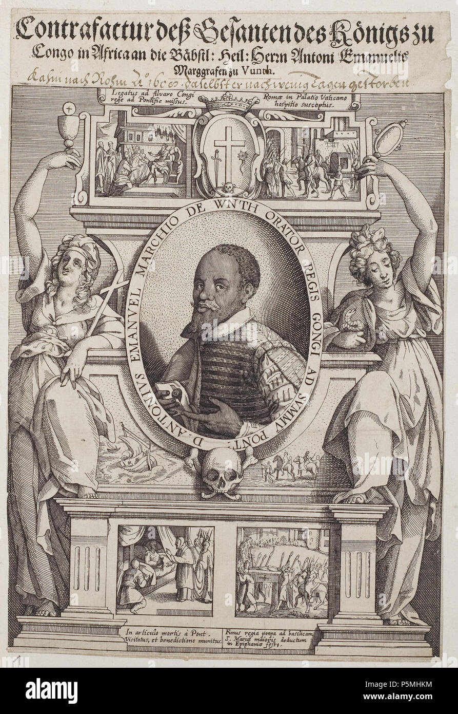 N/A. Grafik aus dem Klebeband Nr. 2 der Fürstlich Waldeckschen Hofbibliothek Arolsen Motiv: Anton Emanuel, Markgraf von Vunth († 1608 nella ROM), Botschafter des kongolesischen Königs (Mani-Kongo) Alvaro II. (1587-1614), am heiligen Stuhl 'Contrafactur des Gesandten des Königs zu Congo in Africa an die Bäpstl. Heil. Herrn. Antoni Emanuelis Marggrafen zu Vunth", "Legatus ad Alvaro Congi rege ad Pontifice mia moglie. Romae in Palatio Vaticano hospitio susceptus', 'D. Antonius Emmanuel Marchio de oratore Wnth Regis Gongi annuncio Summu[m] Pont:' handschriftlich: 'kahm nach Rohm Ao. 1608, dasselbst er nach weni Foto Stock