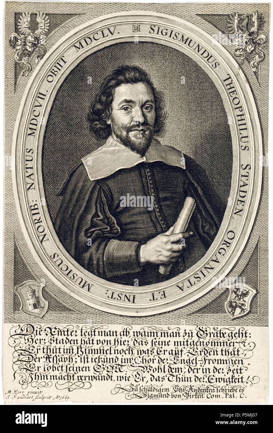 N/A. Grafik aus dem Klebeband Nr. 3 der Fürstlich Waldeckschen Hofbibliothek Arolsen Motiv: Sigmund Theophil Gottlieb Staden (1607-1655), organista, Komponist, Stadtpfeifer, Maler und Dichter . 1669. Jacob Von Sandrart (1630-1708) nomi alternativi Jakob von Sandrart; Giacobbe Sandrart Descrizione incisore tedesco Data di nascita e morte 31 Maggio 1630 15 agosto 1708 Luogo di nascita e morte Francoforte Norimberga posizione di lavoro autorità di Norimberga controllo : Q1677703 VIAF:2564629 ISNI:0000 0001 0844 2581 ULAN:500024628 LCCN:nr99037951 Aprire Libreria:OL5294105A WorldCat dopo Michael Herr (1591 Foto Stock