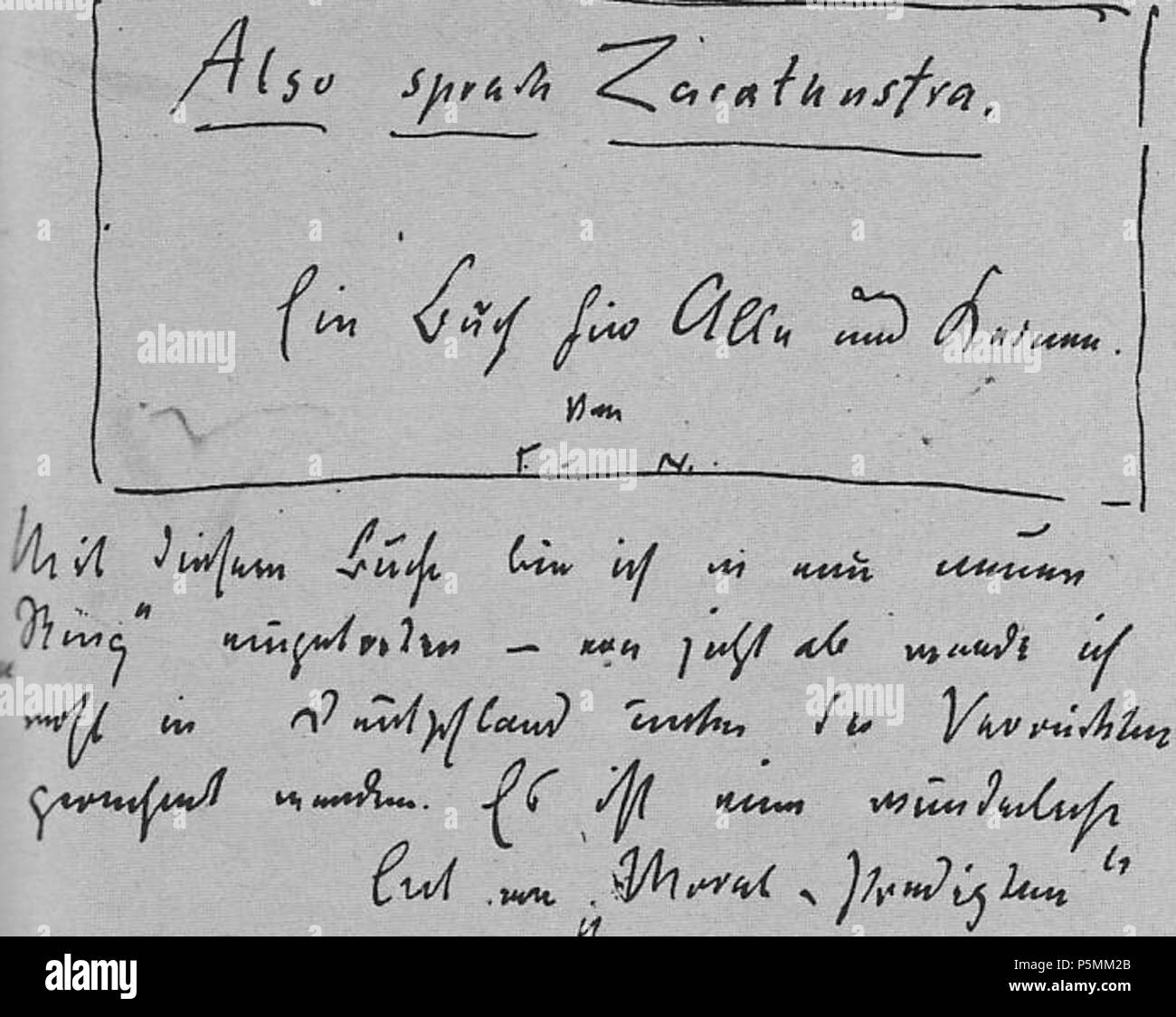N/A. Friedrich Nietzsche annuncia il titolo del suo nuovo libro in una lettera a Heinrich Köselitz . 1 febbraio 1883. Friedrich Nietzsche (1844-1900) nomi alternativi Friedrich Wilhelm Nietzsche Descrizione filologo tedesco, Filosofo e poeta Data di nascita e morte 15 Ottobre 1844 25 agosto 1900 Luogo di nascita e morte Röcken Weimar periodo di lavoro del XIX secolo sede di lavoro Bonn; Lipsia; Basilea; Autorità di Weimar controllo : Q9358 VIAF:89798474 ISNI:0000 0001 2282 8181 ULAN:500222156 LCCN:N79021132 NLA:35471497 WorldCat 144 ASZ Titelentwurf Foto Stock