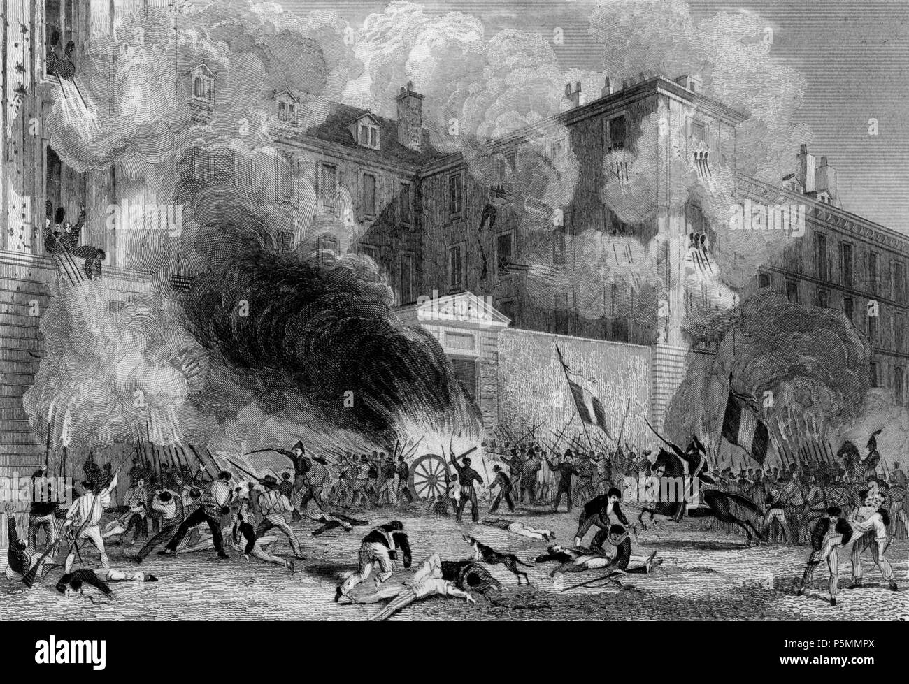 Attacco alla caserma svizzero, luglio 1830. Catalizzata da il calo di popolarità di Carlo X e le continue ristrettezze economiche della classe operaia, la rivoluzione di luglio del 1830 si è conclusa la monarchia borbonica e portato Louis-Philippe al trono. Il primo giorno di violenza si è verificato su luglio 27th, in seguito alla pubblicazione del re decreti controversi di vietare la libertà di stampa. Manifestanti violentemente rioted in tutta Parigi e il governo francese è stato costretto ad impostare varie barricate, ma di scarsa rilevanza. Da Luglio 29th, la terza ed ultima giornata di lotta, il trono di Charles Foto Stock
