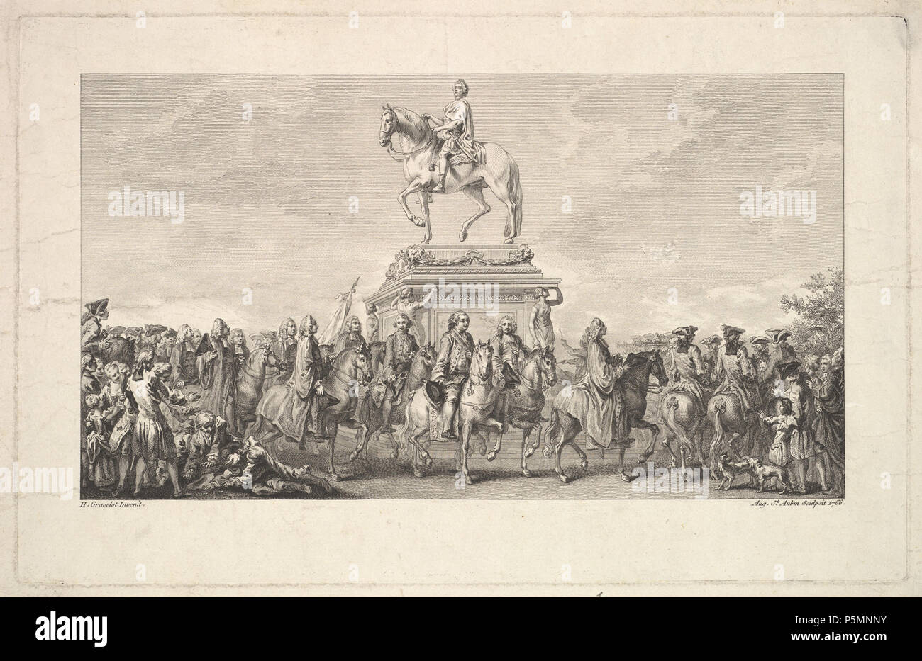 L'inaugurazione della statua di Luigi XV, vignette sulla pagina 1, dalla descrizione des travaux qui ont précédé. accompagné et suivi la fonte en bronze d'onu seul jet de la statua Equèstre de Louis XV le bien-aimé dressée sur les M oires de M. Lempereur ancien Echevin. Par M. Mariette, amatoriali Honoraire de l'Académie Royale de peinture et scultura, Paris de l'Imprimerie de P.G. Le Mercier 1766. N/A 151 Augustin de Saint-Aubin, l inaugurazione della statua di Luigi XV, 1766 Foto Stock
