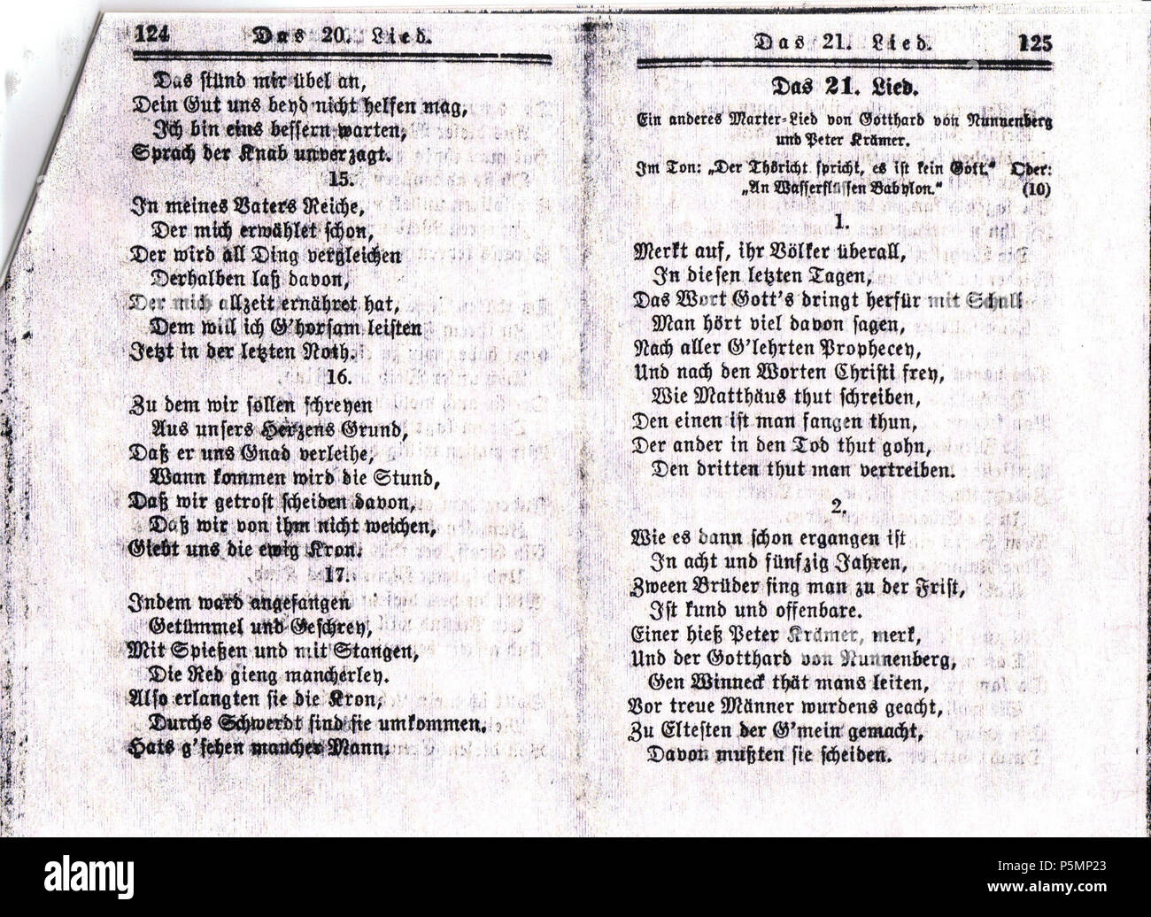 N/A. Ausbund das ist: Etliche schöne Christliche Lieder [...], 13. Auflage. Verlag von den Amischen Gemeinden in Lancaster County, Pa. 1977, pagg. 120-124 n. 20 . 1529. anabaptist cantautore 152 Ausbund 1977 3 Foto Stock