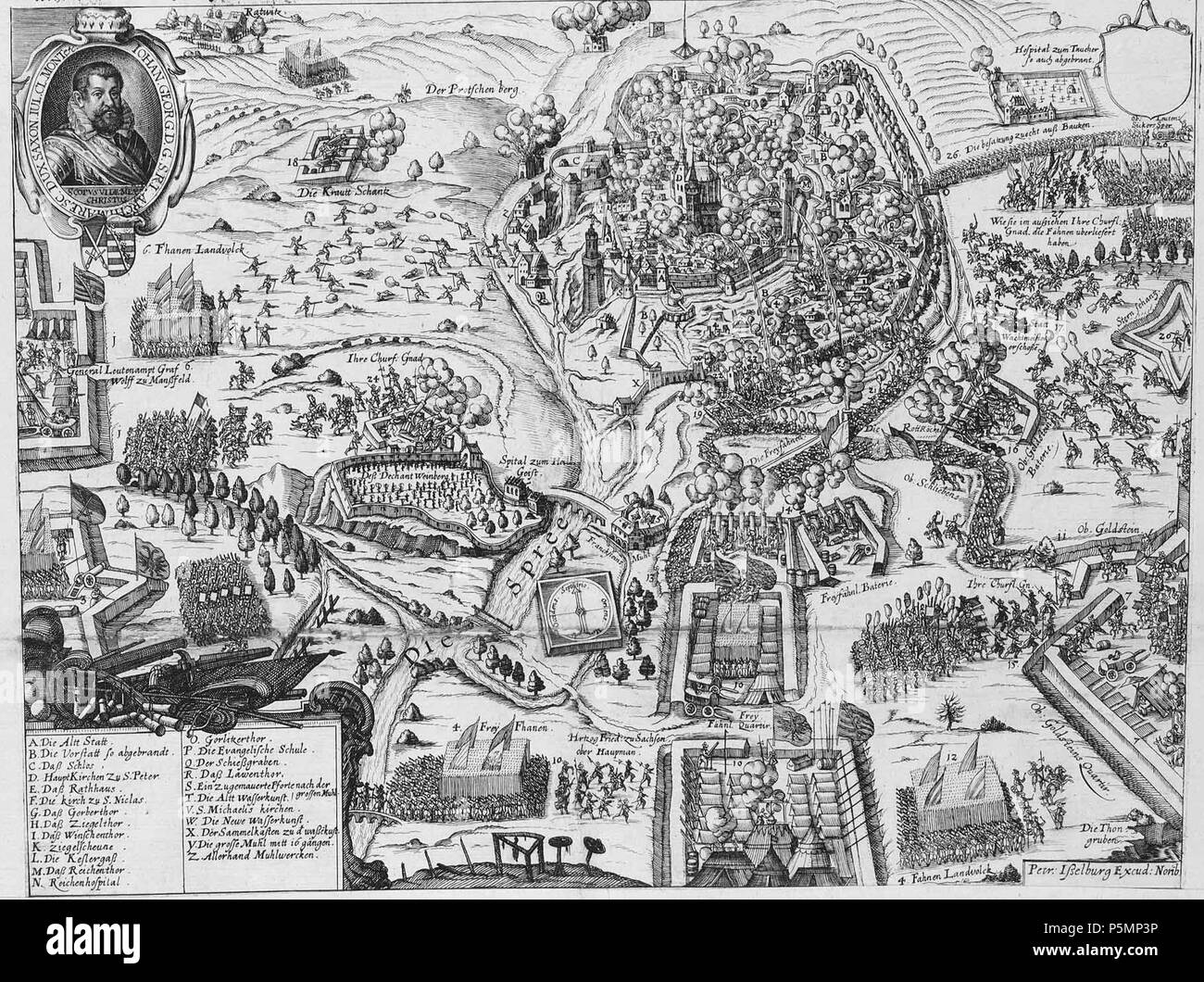N/A. Deutsch: Wahre abbildung der Hauptstatt Budissin oder Bautzen, in OberLaußnitz. Wie dieselbe von dem ... Herrn Johann Georgen Hertzogen zu Sachsen ... und H. Grafen Wolff zu Manszfeld ... den 30. Augusti Anno 1620 belägert, unnd 25. Eccetto ponti erobert worden . 1620. unbekannt; Kupferstecher: Isselburg, Pietro (1568-1630) 152 Ausschnitt Abbildung der Hauptstatt Budissin Foto Stock