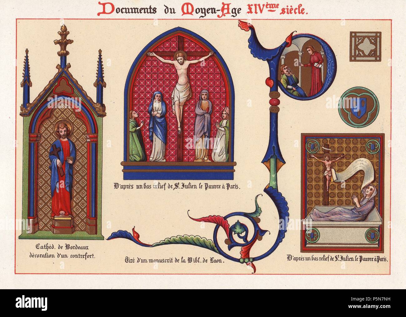 La decorazione di un contrafforte presso la Cattedrale de Bordeaux, scena della crocifissione da St. Julien le pauvre, Parigi illuminata di lettera da un manoscritto alla Bibliotheque de Laon.. . Ernest Guillot 'Ornementation des Manuscrits au Moyen-Age' (ornato da manoscritti del Medioevo, XIV secolo), 1897, chromolithograph. Foto Stock
