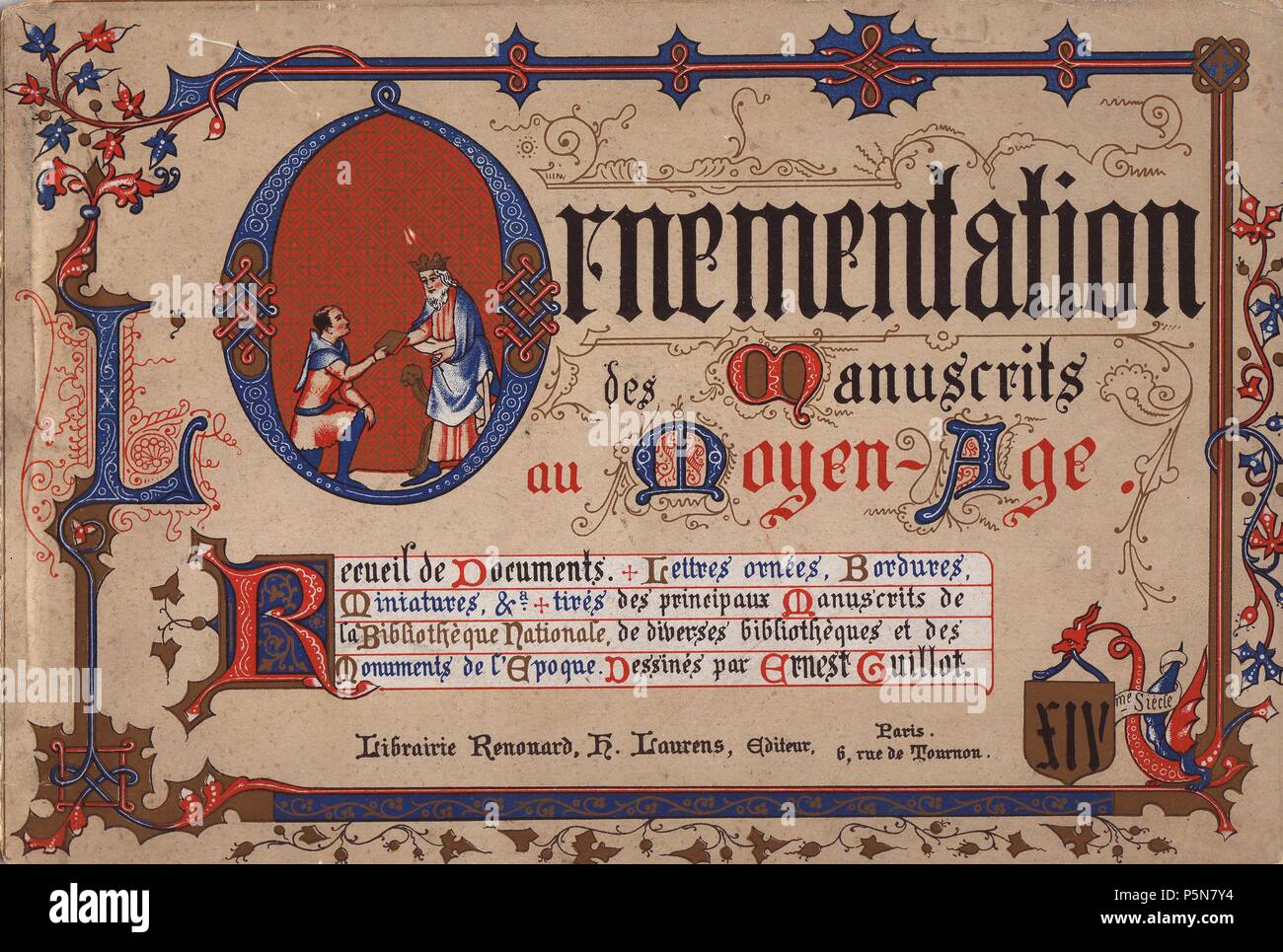 Frontiere illuminato, miniatura dell'uomo presentando un re con un libro e lettere luminose. . . Recueil de documenti: Lettres ornees, bordures, miniature, ecc. pneumatici des principaux manuscrits de la Bibliotheque Nationale de diverses bibilotheques et des monumenti de l'epoque. Dessines par Ernest Guillot.. . Ernest Guillot 'Ornementation des Manuscrits au Moyen-Age' (ornato da manoscritti del Medioevo, XIV secolo), 1897, chromolithograph. Foto Stock