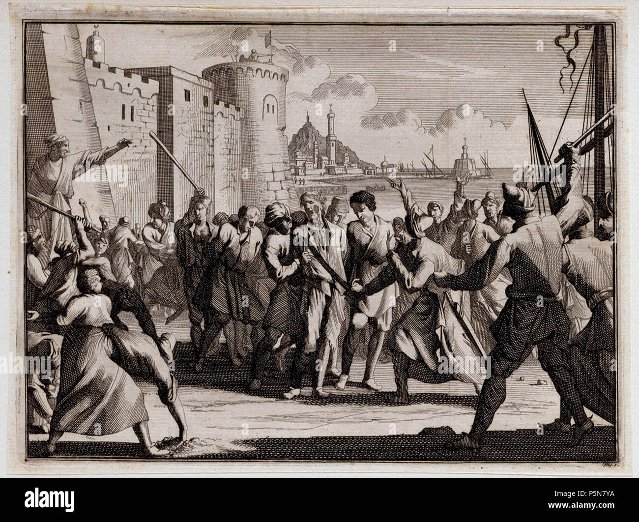 N/A. Français : rotocalco hollandaise ancienne. "Atterraggio en mishandeling van gevangenen ad Algeri". (Lit. Débarquement et maltraitement de prisonniers à Alger) . 1706. Jan Goeree (1670-1731) & Casper Luyken (1672-1708) 430 Debarquement et maltraitement de prisonniers un alger Foto Stock