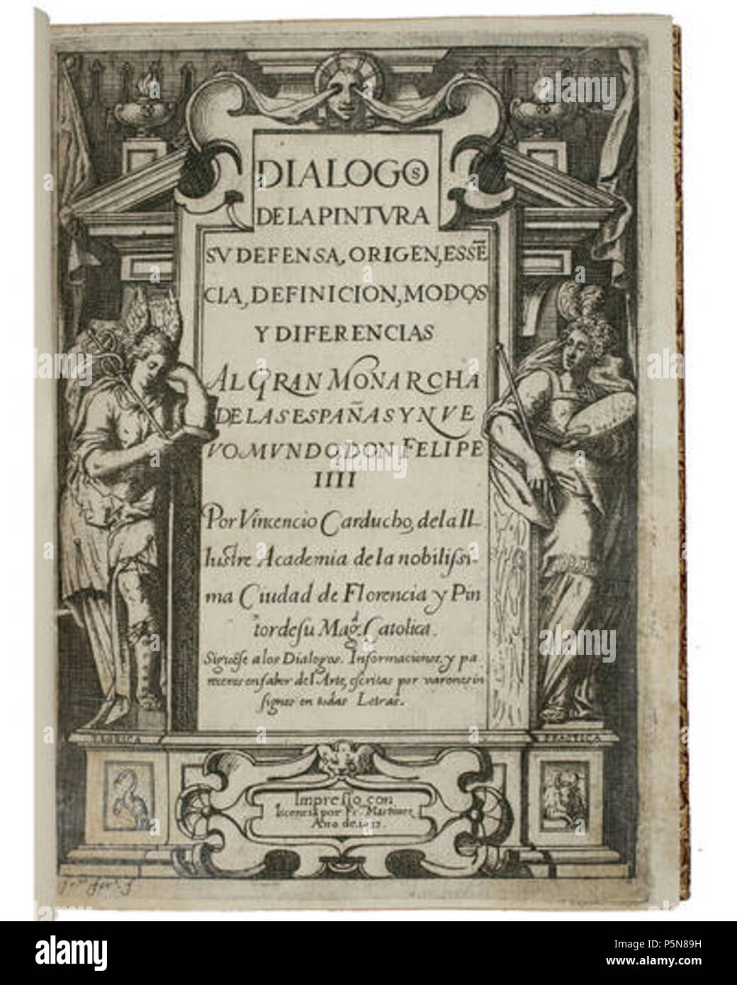 N/A. Español: Vicente Carducho, Diálogos de la pintura, portada de la primera edición con grabados de Francisco Fernández . Il XVII secolo. Vincenzo Carducci (1576-1638) nomi alternativi nascita Nome: Vincenzo Carducci Descrizione storico dell arte e pittore Data di nascita e morte tra 1576 e 1578 1638 Luogo di nascita e morte di Madrid Firenze sede di lavoro Valladolid, Madrid competente controllo : Q369521 VIAF:69728528 ISNI:0000 0001 1447 3915 ULAN:500115486 LCCN:N80086741 WGA:CARDUCHO, Vicente WorldCat 271 Carducho-Dialogos Foto Stock