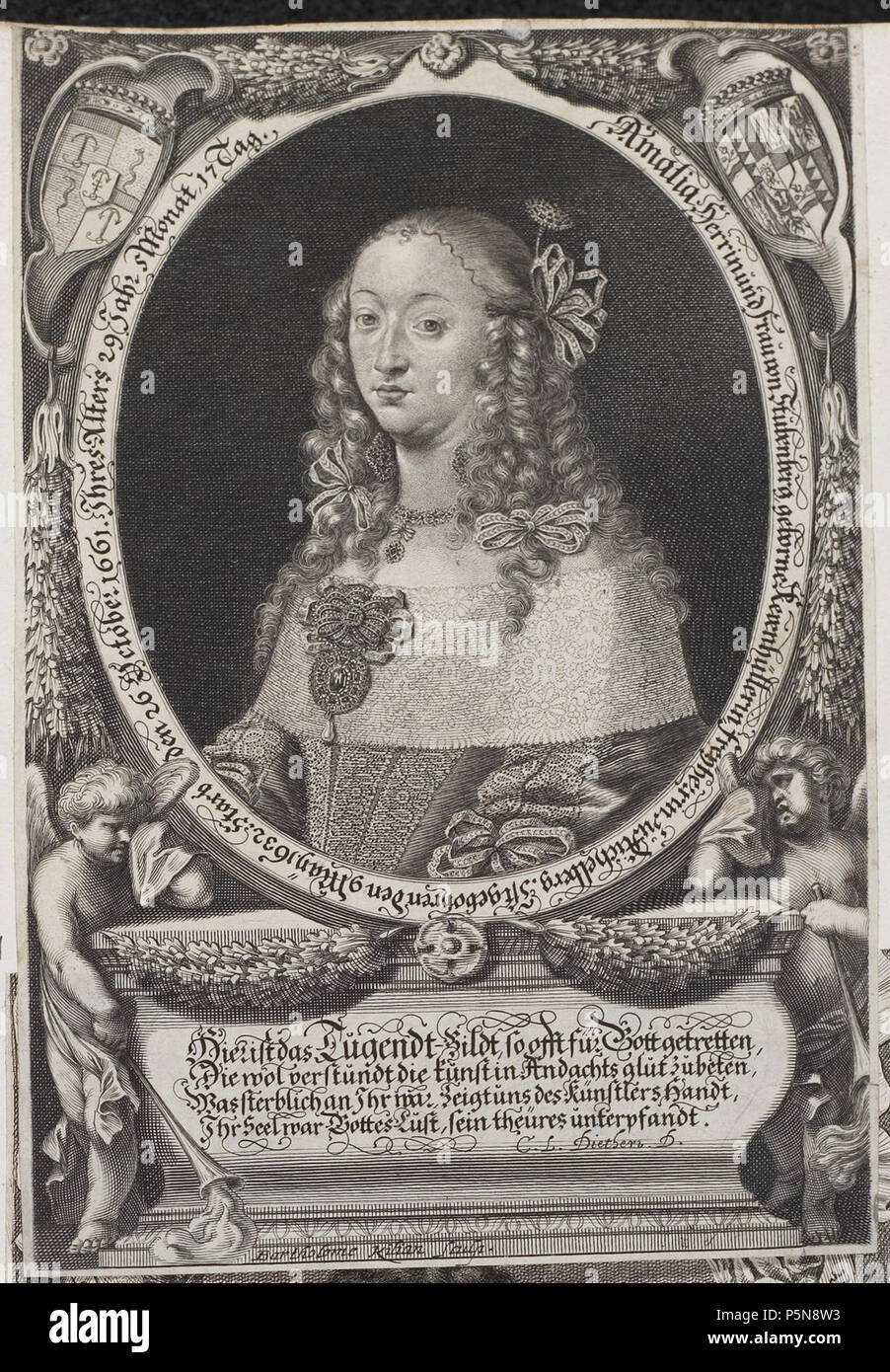 N/A. Grafik aus dem Klebeband Nr. 2 der Fürstlich Waldeckschen Hofbibliothek Arolsen Motiv: Amalie von Stubenberg, geb. Khevenhüller († 1661), Ehefrau des Georg Augustin von Stubenberg . dopo il 1661. Bartolomeo Kilian (1630-1696) nomi alternativi Bartolomeo Kilian II Descrizione incisore tedesco Data di nascita e morte 6 Maggio 1630 15 gennaio 1696 Luogo di nascita e morte Augsburg Augsburg posizione Lavoro Augsburg; Francoforte, Parigi; Autorità di Vienna : controllo Q14623807 VIAF:36973413 ISNI:0000 0001 0844 6056 ULAN:500007432 LCCN:nr88008178 GND:11885500X WorldCat 133 Arolsen Klebeband 02 4 Foto Stock