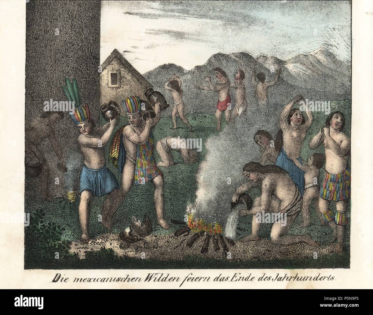 Gli indigeni messicani in piuma copricapo e gonne che segna la fine del secolo con un rituale utilizzando acqua e fuoco e vasi di argilla. Litografia Handcolored da Friedrich Wilhelm Goedsche 'Vollstaendige Völkergallerie in getreuen Abbildungen' (galleria completa dei popoli in vero foto), Meissen, circa 1835-1840. Goedsche (1785-1863) è stato uno scrittore tedesco, libraio e editore di Meissen. Molte delle illustrazioni sono state adattate da Bertuch 'Bilderbuch fur Kinder' e altri. Foto Stock