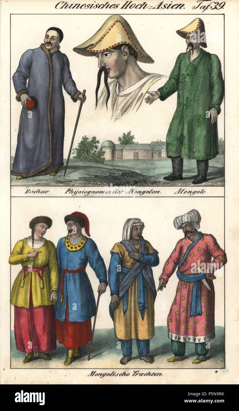 Costumi di mongolo di uomini e donne, fisionomia di un mongolo con lunghi baffi. Litografia Handcolored da Friedrich Wilhelm Goedsche 'Vollstaendige Völkergallerie in getreuen Abbildungen' (galleria completa dei popoli in vero foto), Meissen, circa 1835-1840. Goedsche (1785-1863) è stato uno scrittore tedesco, libraio e editore di Meissen. Molte delle illustrazioni sono state adattate da Bertuch 'Bilderbuch fur Kinder' e altri. Foto Stock