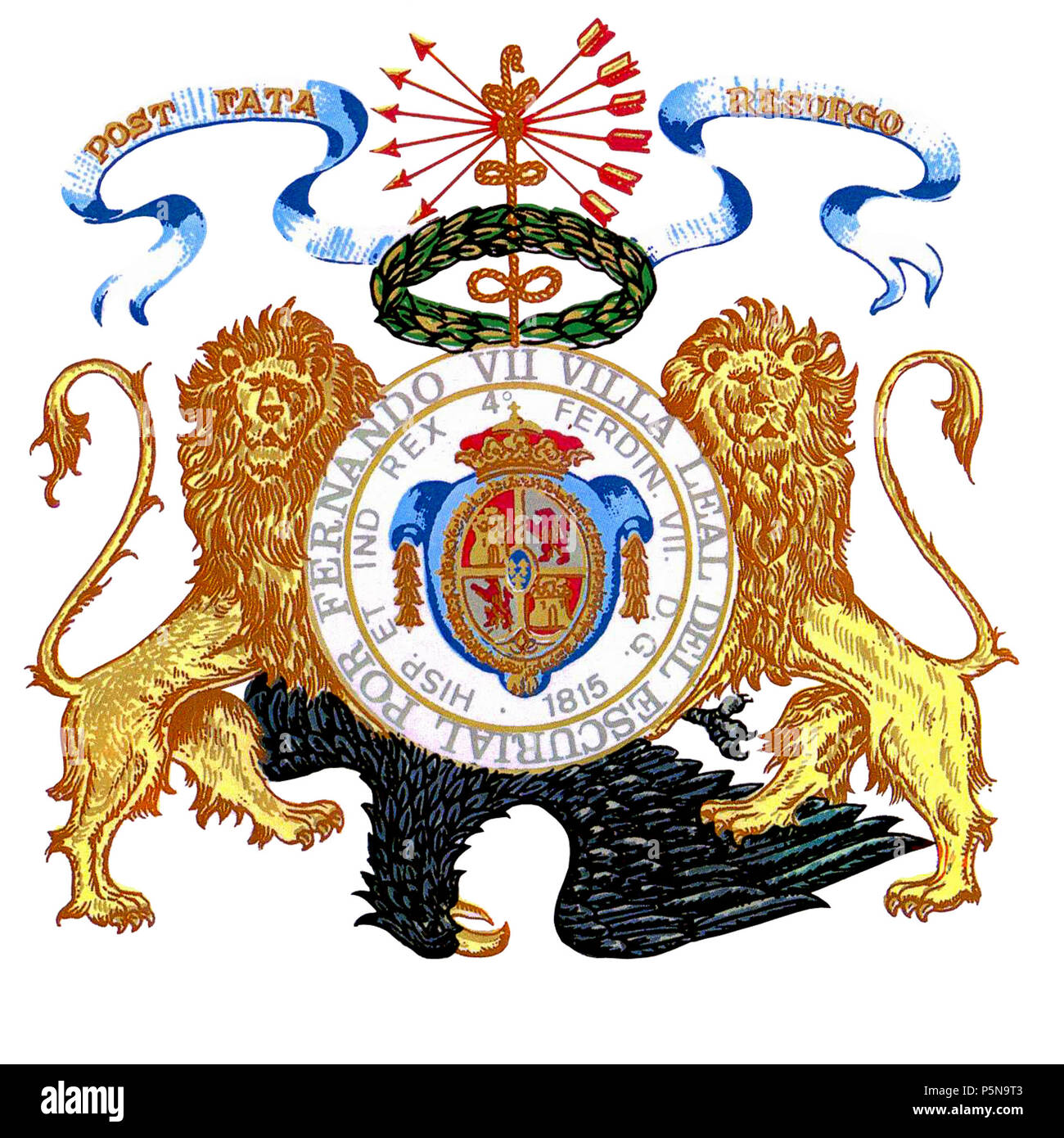 N/A. Español: Escudo oficial de la Leal Villa de El Escorial (Madrid, España). Este escudo aparece en la primera página del "Libro de Villazgo' en el cual el Rey Fernando VII y en compensación al heroico comportamiento de los vecinos duranti la guerra de la Independencia contra los Franceses, concedía a La Villa de El Escorial el título de Leal, al tiempo que confirmaba todos su privilegios desde el reinado de Felipe II (Archivo Municipal de El Escorial, Segnatura 3507-2). 8 agosto 1815. Ayuntamiento de la Leal Villa de El Escorial (Madrid, España) 525 ESCUDO OFICIAL LEAL VILLA DE EL ESCORIAL Foto Stock