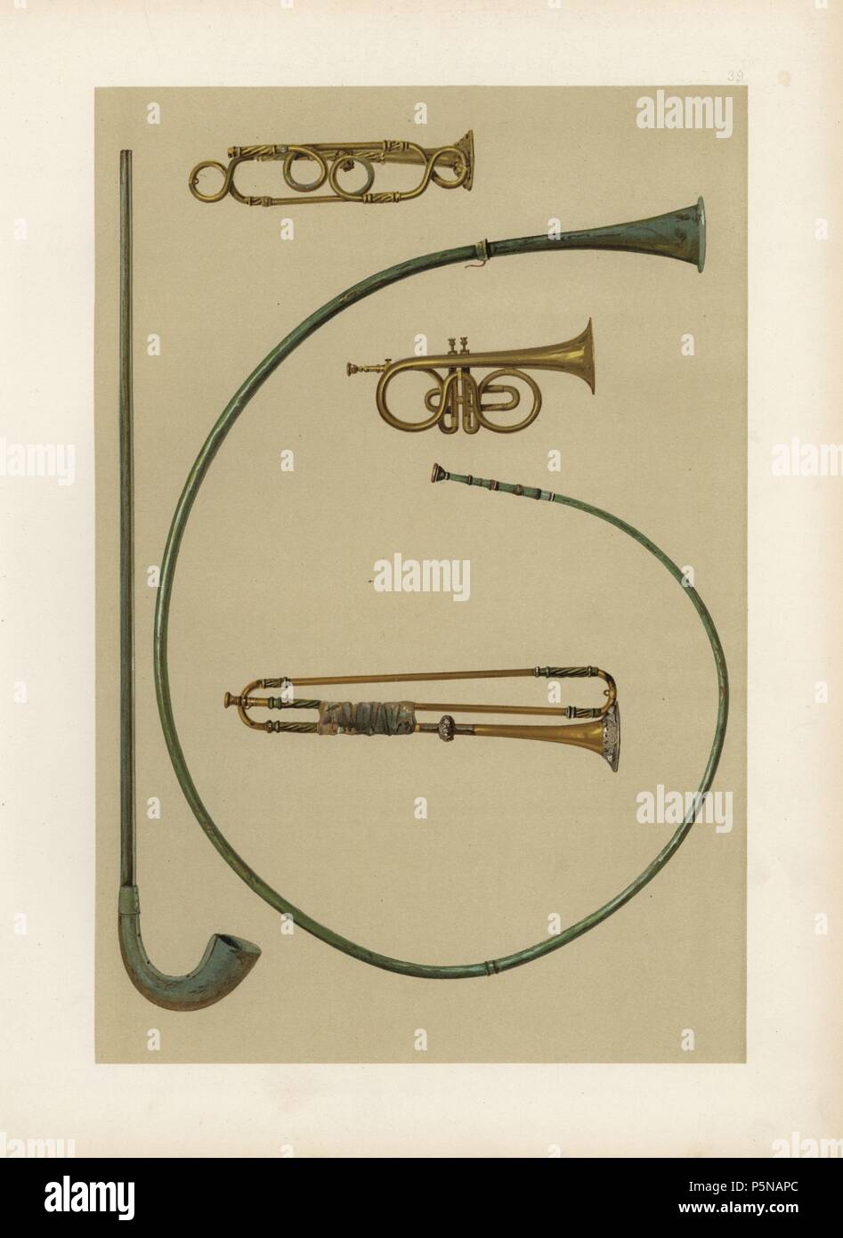 Lituus, buccina, corno e trombe. Chromolithograph da una illustrazione di William Gibb da A.J. Hipkins 'Musical Instruments, storico rari e unici,' Adam e Charles nero, Edimburgo, 1888. Alfred James Hipkins (1826-1903) era un musicologo inglese che specializzato nella storia del pianoforte e altri strumenti. William Gibb era un maestro di Illustrator e chromolithographer ed illustrato "Casa reale di Stuart" (1890), 'navale e trofei militari" (1896), e altri. Foto Stock