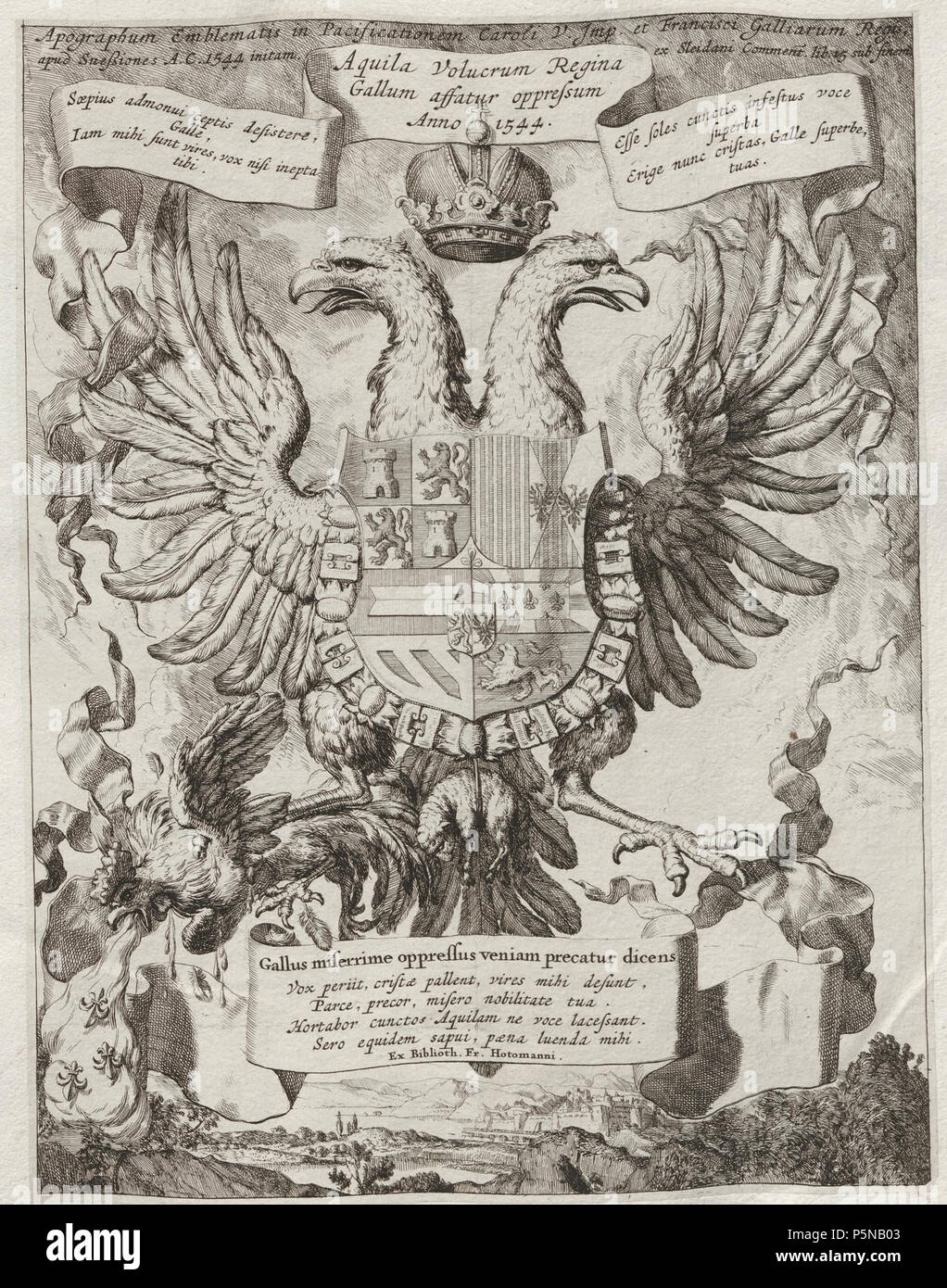 N/A. Grafik aus dem Klebeband Nr. 18 der Fürstlich Waldeckschen Hofbibliothek Arolsen Motiv: Wappen Kaiser Karls V. (emblematische Nachzeichnung des in Sleidanus 'Commentariorum' am Ende von Kapitel 15 beschriebenen Friedens von Crépy 1544) "Apographum Emblematis in Pacificationem Caroli V. Imp. et Francisci Galliarum Regis, apud Seßiones A. C. 1544 initam. ex Sleidani commento. lib. 15 sub finem' 'Aquila Volucrum Regina Gallum affatur oppressum. Anno 1544' 'Soepius admonui ceptis desistere, Galle, Iam mihi sunt eccesso di potere, vox nisi inepta tibi.' 'Esse suole cunctis infestus voce superba Erige nunc Foto Stock N/A. Grafik aus dem Klebeband Nr. 18 der Fürstlich Waldeckschen Hofbibliothek Arolsen Motiv: Wappen Kaiser Karls V. (emblematische Nachzeichnung des in Sleidanus 'Commentariorum' am Ende von Kapitel 15 beschriebenen Friedens von Crépy 1544) "Apographum Emblematis in Pacificationem Caroli V. Imp. et Francisci Galliarum Regis, apud Seßiones A. C. 1544 initam. ex Sleidani commento. lib. 15 sub finem' 'Aquila Volucrum Regina Gallum affatur oppressum. Anno 1544' 'Soepius admonui ceptis desistere, Galle, Iam mihi sunt eccesso di potere, vox nisi inepta tibi.' 'Esse suole cunctis infestus voce superba Erige nunc Foto Stock