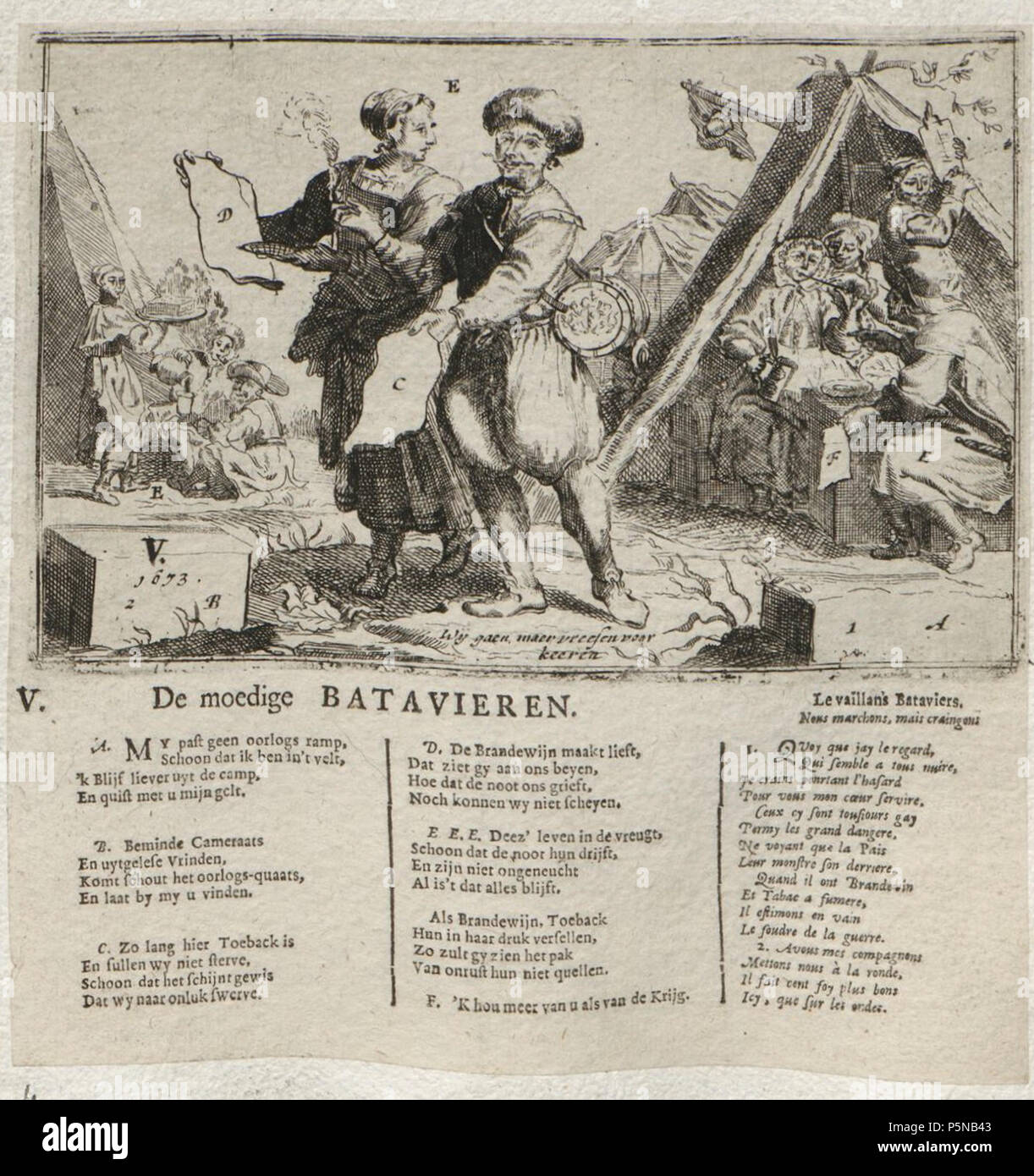 N/A. Grafik aus dem Klebeband Nr. 18 der Fürstlich Waldeckschen Hofbibliothek Arolsen Pamphlet wohl zum Holländischen Krieg "V. De moedige Batavieren / Le vaillans Bataviers' . circa 1673. Sconosciuto 139 Arolsen Klebeband 18 067 4 Foto Stock