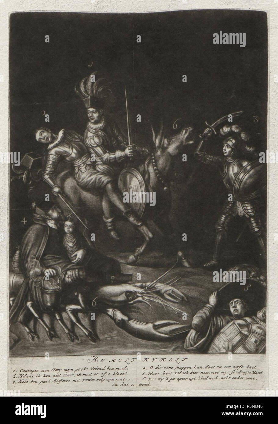 N/A. Grafik aus dem Klebeband Nr. 18 der Fürstlich Waldeckschen Hofbibliothek Arolsen Motiv: 'Hy holt hy holt' Satira auf James II. nach circuizione Abdankung; er sitzt hinter Louis XIV. auf einem Maurizio; Padre Edward Petre reitet auf einem Hummer. circa 1689. Cornelis Dusart (); Giacobbe Gole () 139 Arolsen Klebeband 18 075 1 Foto Stock