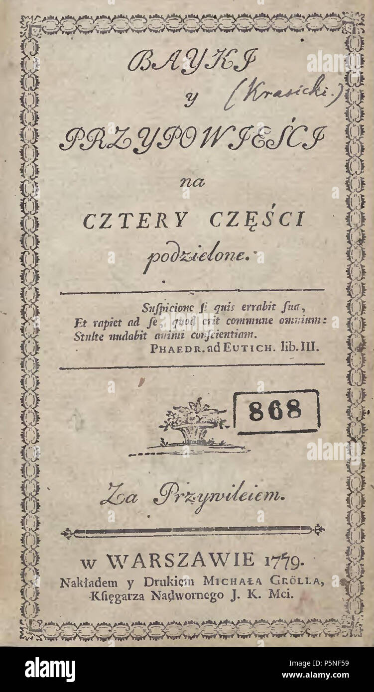 N/A. Inglese: Titolo pagina di Bajki ho przypowieci da Ignacy Krasicki Polski: Strona tytuowa Bajek ho przypowieci Ignacego Krasickiego . 1779. Sconosciuto 163 Bajki ho przypowiesci da Krasicki-pagina titolo Foto Stock