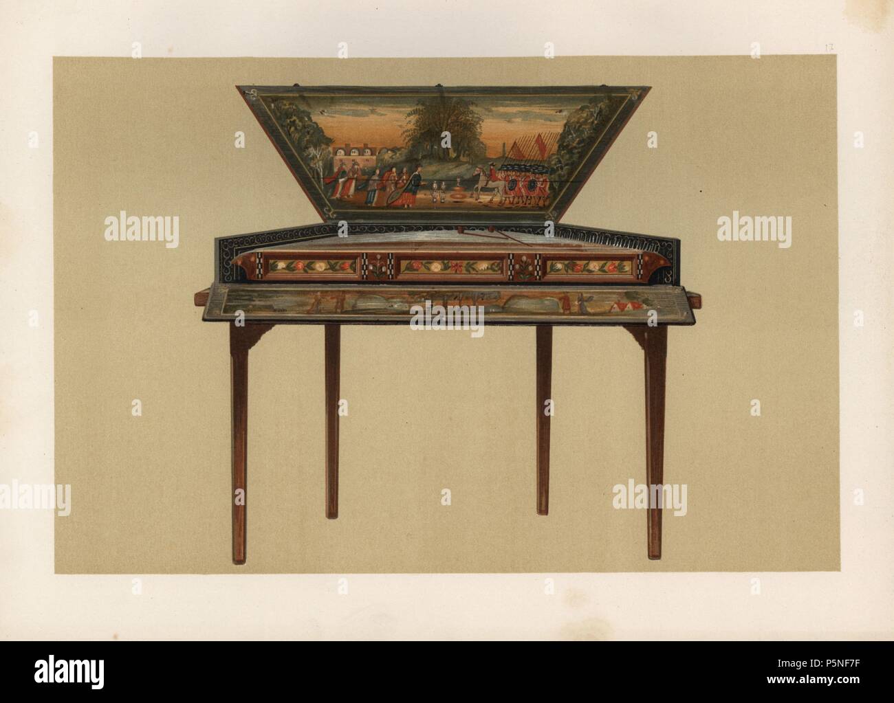 Dulcimer, una varietà del salterio o qanun giocato con i martelli. Il coperchio interno mostra il XVII secolo figure - i soldati di essere soddisfatte da donna con rinfreschi. Chromolithograph da una illustrazione di William Gibb da A.J. Hipkins 'Musical Instruments, storico rari e unici,' Adam e Charles nero, Edimburgo, 1888. Alfred James Hipkins (1826-1903) era un musicologo inglese che specializzato nella storia del pianoforte e altri strumenti. William Gibb era un maestro di Illustrator e chromolithographer ed illustrato "Casa reale di Stuart" (1890), 'navale e trofei militari" (189 Foto Stock