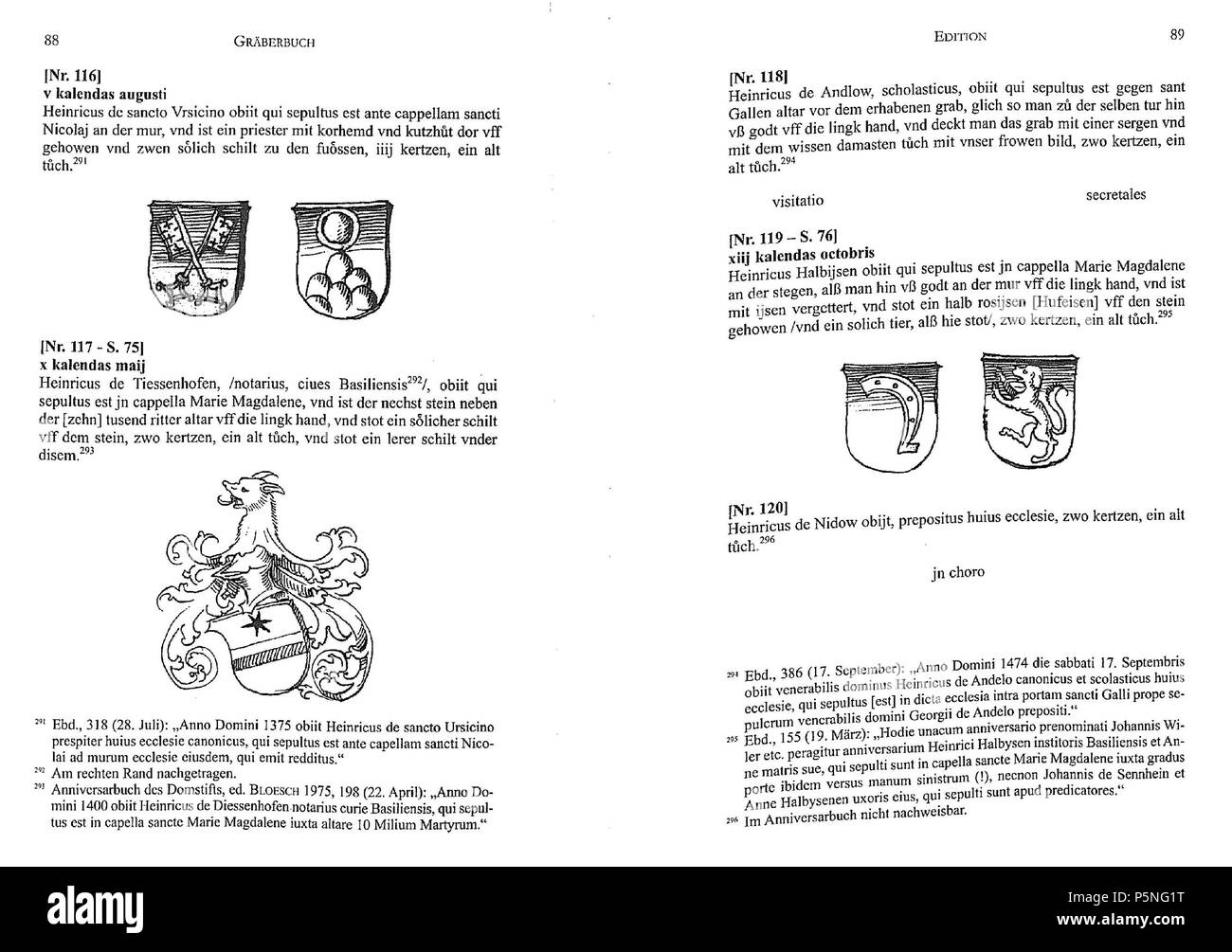 N/A. Einträge im Basler Gräberbuch, Badisches Generallandesarchiv Karlsruhe 64 / 4 . um 1496/97. Sconosciuto 175 Basler graeberbuch Foto Stock