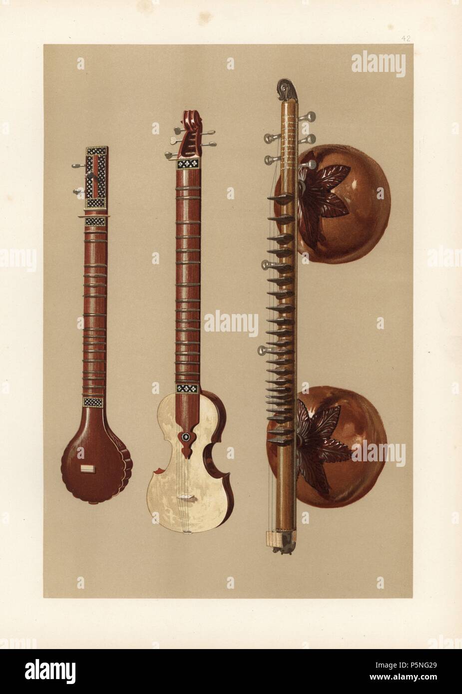 Sitars indiano e un vina con grandi soundboxes. Chromolithograph da una illustrazione di William Gibb da A.J. Hipkins 'Musical Instruments, storico rari e unici,' Adam e Charles nero, Edimburgo, 1888. Alfred James Hipkins (1826-1903) era un musicologo inglese che specializzato nella storia del pianoforte e altri strumenti. William Gibb era un maestro di Illustrator e chromolithographer ed illustrato "Casa reale di Stuart" (1890), 'navale e trofei militari" (1896), e altri. Foto Stock