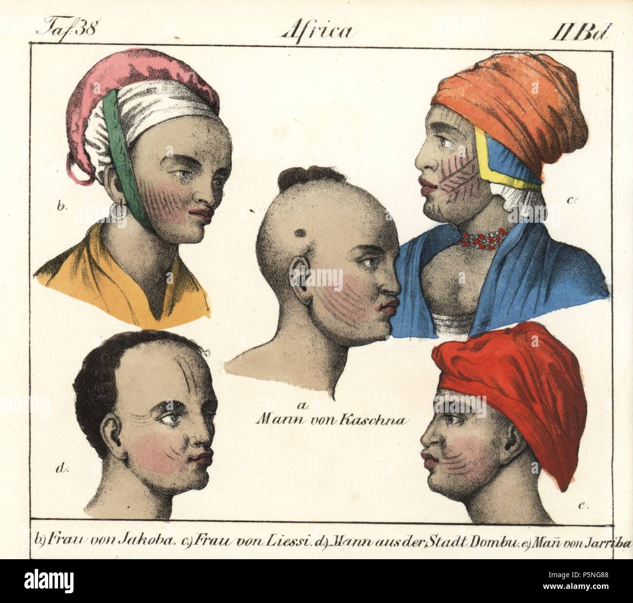 Uomo di Katsina (Nigeria), uomo di Jakoba unito (Hausa dipendente), donna di lussi regione (Ciad), l'uomo della città Dombu (Sierra Leone) e Felatah uomo del regno Jarriba. Litografia Handcolored da Friedrich Wilhelm Goedsche 'Vollstaendige Völkergallerie in getreuen Abbildungen' (galleria completa dei popoli in vero foto), Meissen, circa 1835-1840. Goedsche (1785-1863) è stato uno scrittore tedesco, libraio e editore di Meissen. Molte delle illustrazioni sono state adattate da Bertuch 'Bilderbuch fur Kinder' e altri. Foto Stock