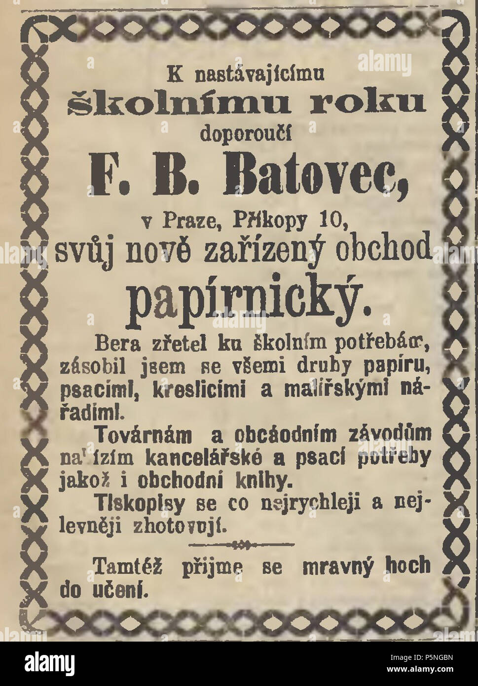 N/A. Pubblicità classificata di un albergo di nuova apertura negozio di cancelleria di F. B. Batovec a Praga (l attuale Repubblica Ceca). Il 27 settembre 1873. F. B. Batovec (1846-1909) 176 Batovec reklama 1873 Foto Stock