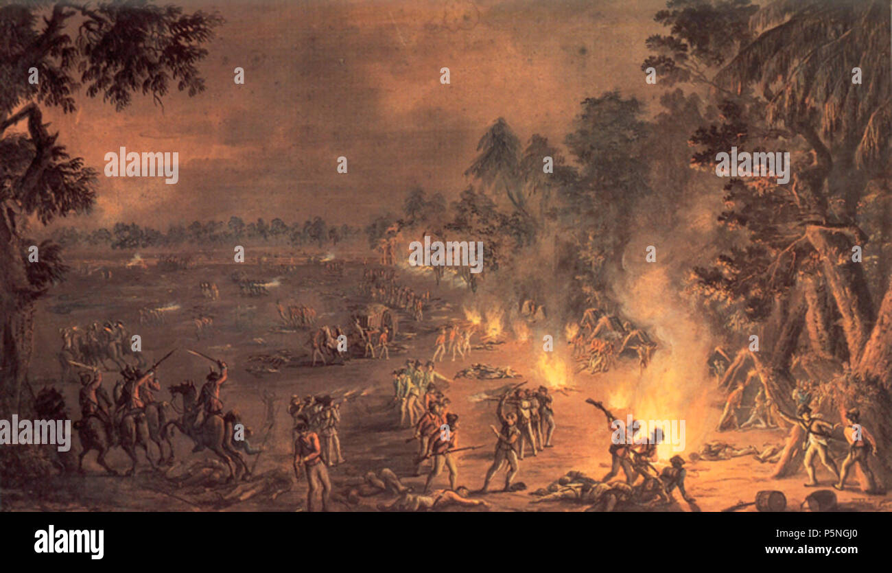 N/A. Inglese: una terribile scena di havock, raffigurante il British fanteria leggera e la luce dragoni attaccando l'esercito continentale encampment a Paoli il 20 settembre 1777. Il quadro fu dipinto a Londra ed è stato commissionato per un ufficiale dell'esercito britannico che aveva partecipato alla battaglia, eventualmente un tenente Martin Hunter del 52° Reggimento di piede, il solo ufficiale britannico ferito in battaglia. A sinistra: Cavalieri del XVI luce dragoni carica fanteria continentale, mentre cavalieri della prima e seconda luce continentale dragoni ride lontano sparando con le proprie armi bianche. Primo piano centro: Capitano Willi Foto Stock