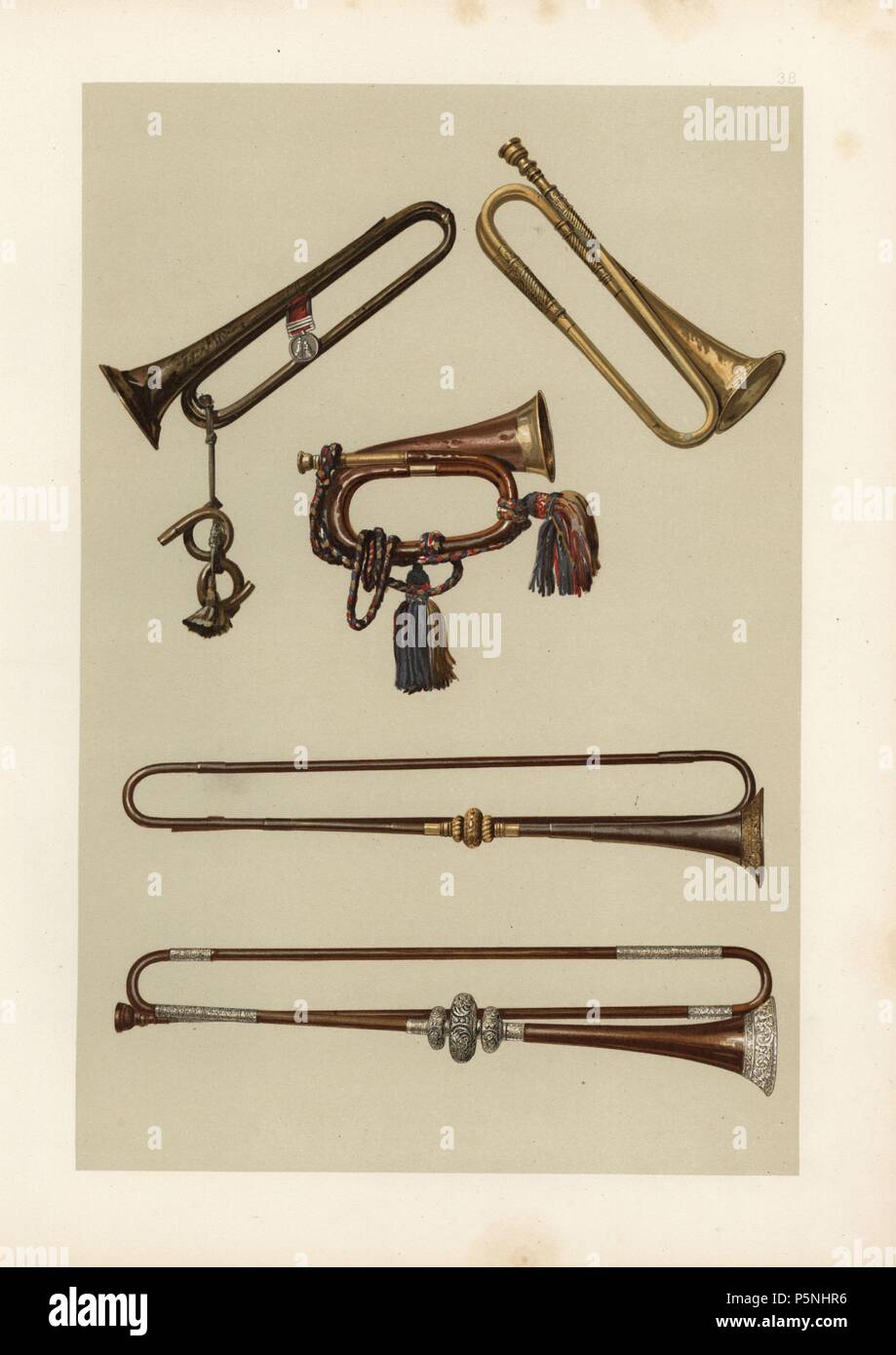 Cavalleria bugle e trombe. Chromolithograph da una illustrazione di William Gibb da A.J. Hipkins 'Musical Instruments, storico rari e unici,' Adam e Charles nero, Edimburgo, 1888. Alfred James Hipkins (1826-1903) era un musicologo inglese che specializzato nella storia del pianoforte e altri strumenti. William Gibb era un maestro di Illustrator e chromolithographer ed illustrato "Casa reale di Stuart" (1890), 'navale e trofei militari" (1896), e altri. Foto Stock