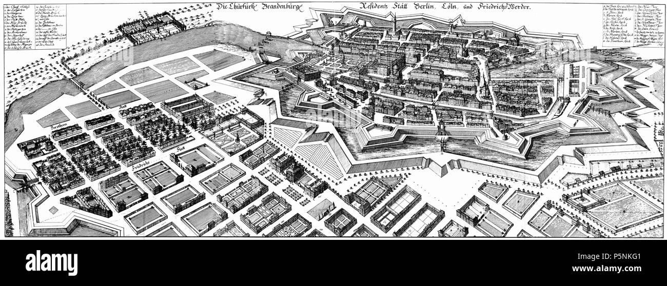 N/A. Die Churfürstle Brandenburgle Residentz Stätt Berlino, Cöln, und Friedrichs Werder formato: 90,7 x 32,3 cm Maßstab: ca 1:6000 (Vogelschau) Vogelschaubild von " Berlino, Cöln, und Friedrichs Werder". 1699. Jean Baptiste Broebes 191 Berlin-1652-Merian-VOGEL Foto Stock