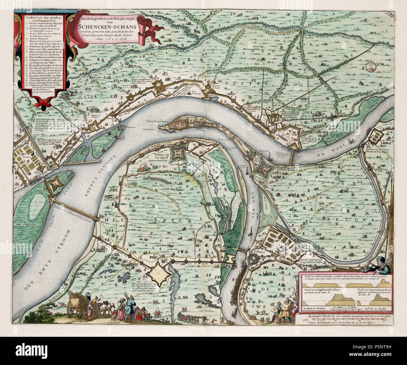 N/A. Inglese: assedi di Schenckenschans nel 1635 e 1636 (Sud) Nederlands: Belegering van Schenkenschans nel 1635 en 1636. (Noorden è onderkant) . 1649. Johannes Jacobus Schort 184 Belegering van Schenkenschans nel 1635 en 1636 (Johannes Jacobus Schort) Foto Stock