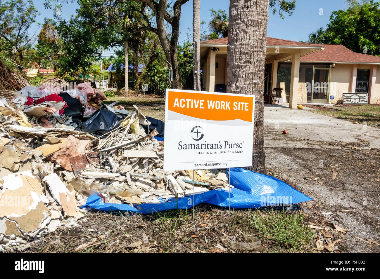 Florida, Bonita Springs, dopo uragano Irma tempesta danni distruzione post-devastazione, allagamento, casa case residenza case, quartiere, Samaritan pur Foto Stock