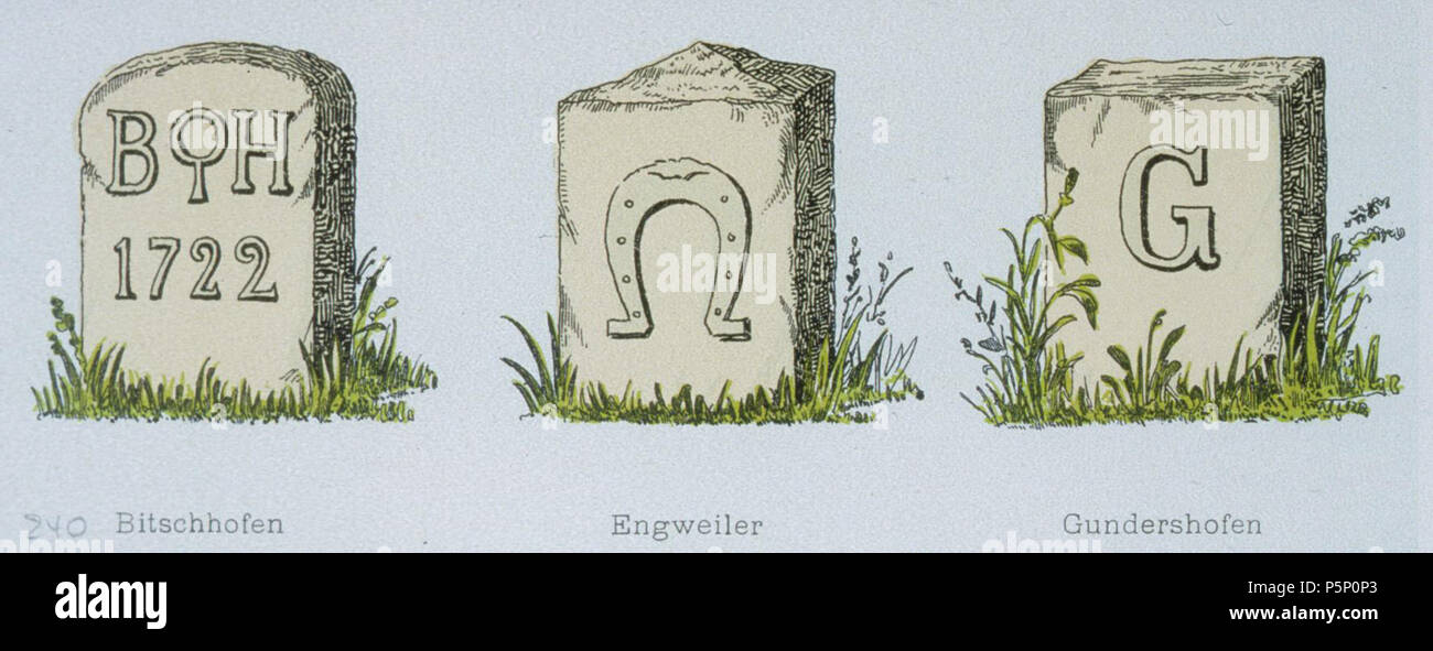 N/A. Français : Bornes d'indicazione des communes : Bitschoffen, Engwiller et Gundershoffen. 1900. Ludwig Schoenhaupt 206 Bitschhofen Engweiler Gundershofen Foto Stock
