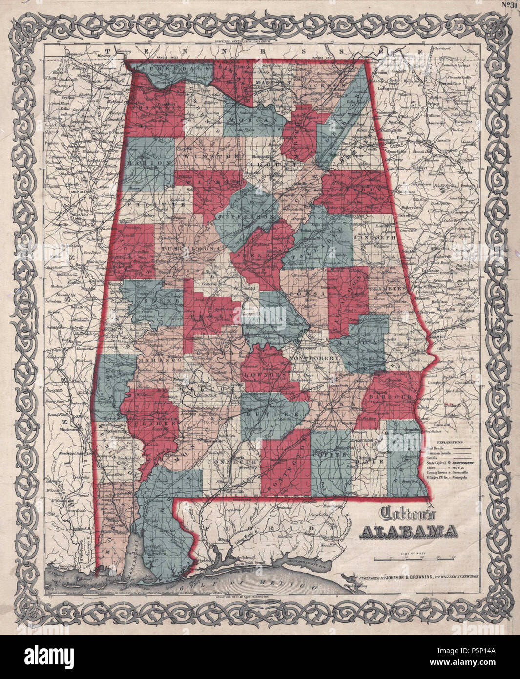 1859 Mappa di Alabama contee. Foto Stock
