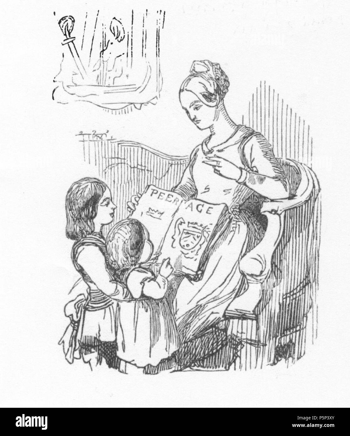 N/A. Inglese: incisione su legno da W. M. Thackeray stesso, per la prima edizione del libro di snob. Capitolo III : "I nostri bambini sono educati a rispettare Peerage come l'inglese il secondo la bibbia.' Français : Illustrazione du Chapitre III (influenza de l'aristocratie des snobs), p. 15. Edizione originale du Livre des snobs par l'autore. Gravure sur bois. 1848. William Makepeace Thackeray (1811-1863) nomi alternativi Thackeray; William Thackeray Descrizione romanziere inglese e illustrator Data di nascita e morte 18 Luglio 1811 24 dicembre 1863 Luogo di nascita e morte Calcutta Londo Foto Stock