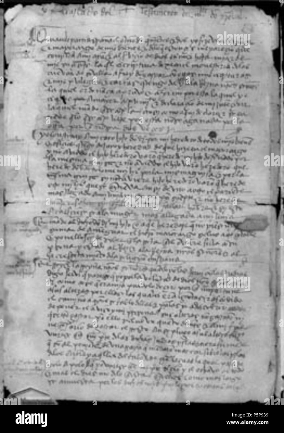 N/A. 1506 codicil di Cristoforo Colombo la trascrizione di Manuel da Silva Rosa: "Cuando partí d'España el año de quinientos e dos yo fize n.a. ordenança e mayorazgo de bienes mis, e de lo que me estonçes pareçió que conplía a mi ánima e al serviçio de Dios eterno, e honra mía e de mis suçesores: la cual escriptura dexé en el a monesterio de las Cuevas de Sevilla un frey don Gaspare con otras escrituras mis e mis privilejios e cartas que tengo del Rey e de la Reina, Nuestros Señores. La cual ordenança apruevo e confirmo por esta, la cual yo escrivo un sindaco complimiento e declaraçión de mi intençión Foto Stock