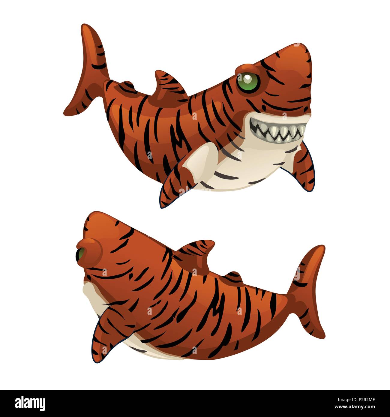 Cartoon tiger shark bares i suoi denti affilati isolati su sfondo bianco. Illustrazione Vettoriale. Illustrazione Vettoriale