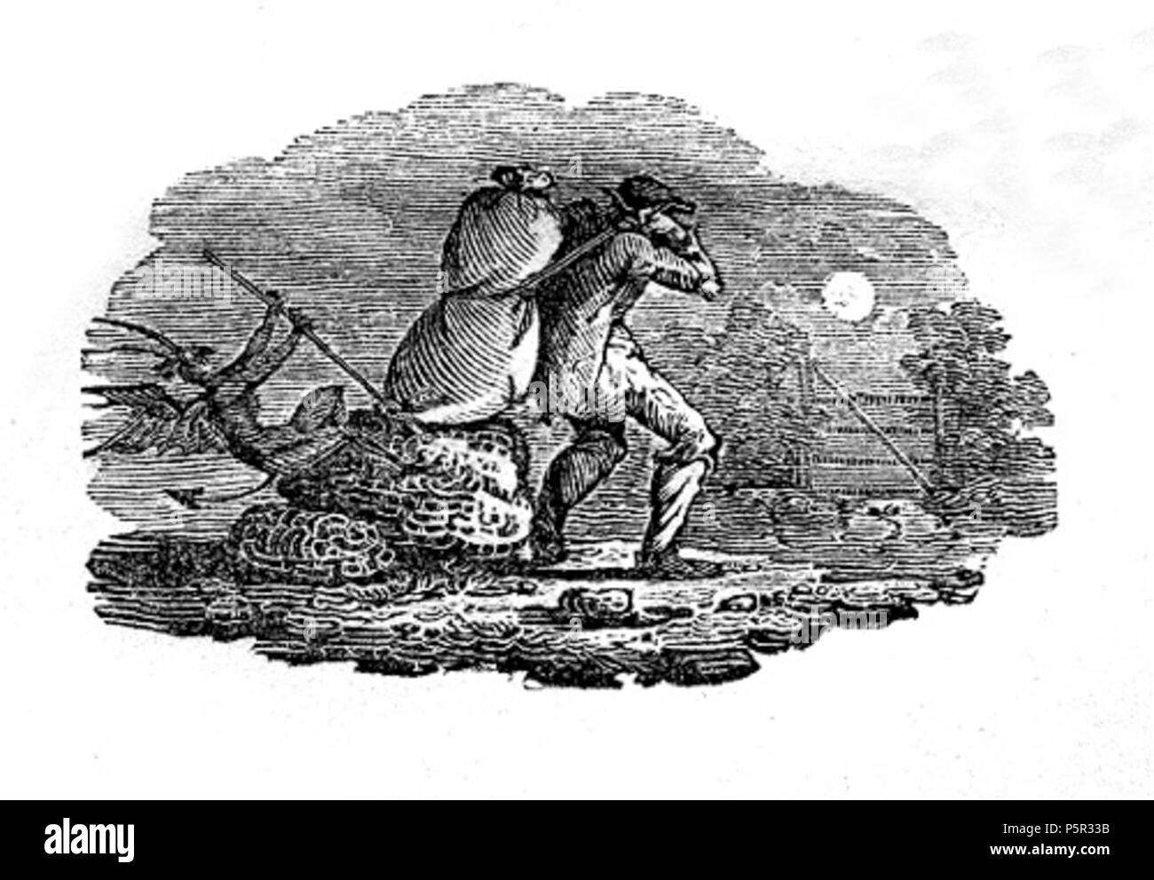 N/A. Vignette da Thomas Bewick è una storia di British uccelli (Newcastle-su-Tyne, 1805, vol. 2, p. 323), citato in Charlotte Brontë's Jane Eyre (''Il fiend pinning giù il ladro's pack dietro di lui, ho superato rapidamente: è stato un oggetto di terrore" - capitolo 1) . 1805. Thomas Bewick 196 Bewickthief grande Foto Stock